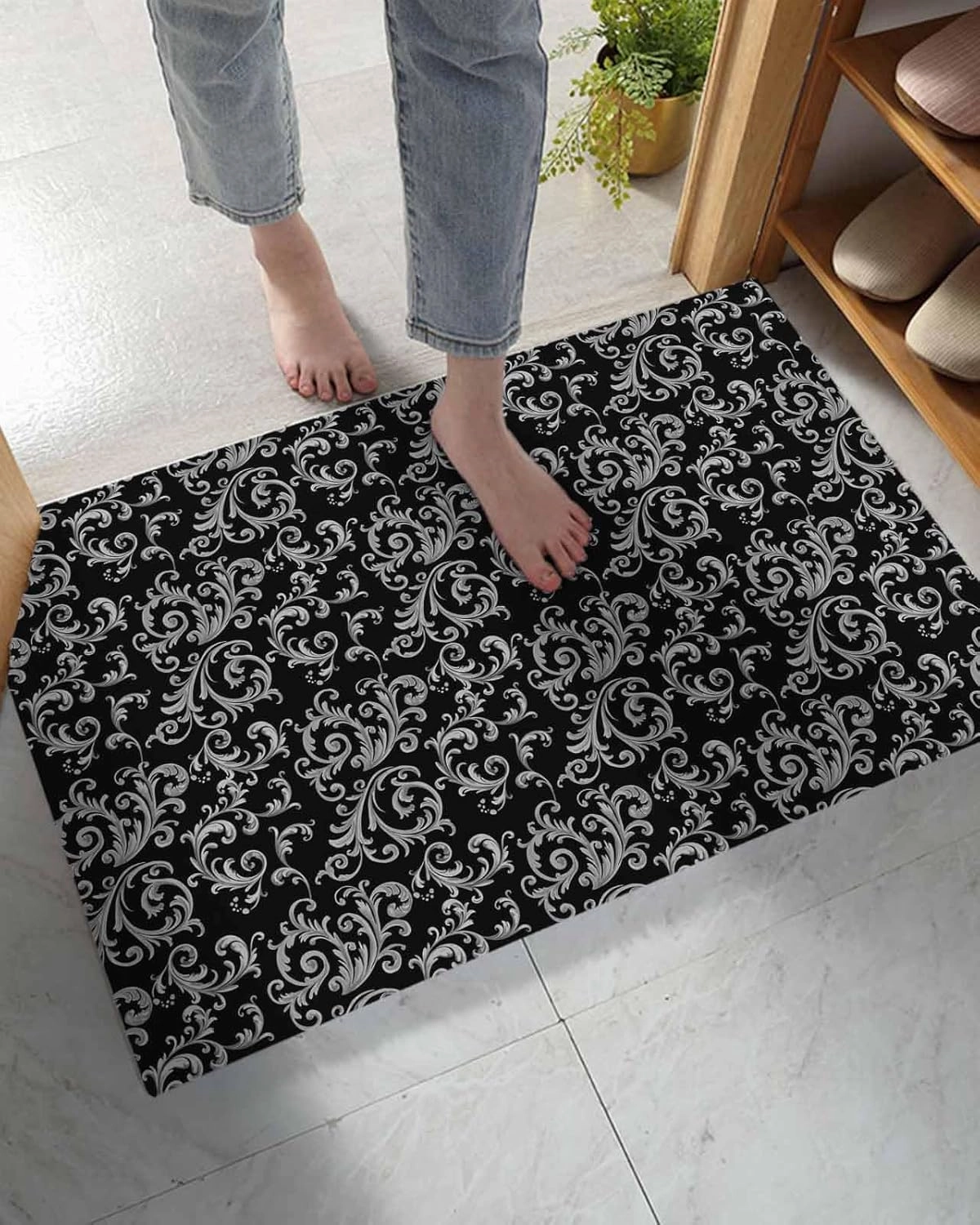Indoor Doormat Classic Swirling Floral Seamless Design,Shaggy Floor Mat with Non-Skid Backing Black Grey,Machine Washable Plush Area Rug Carpets for Kitchen Nursery Bedroom