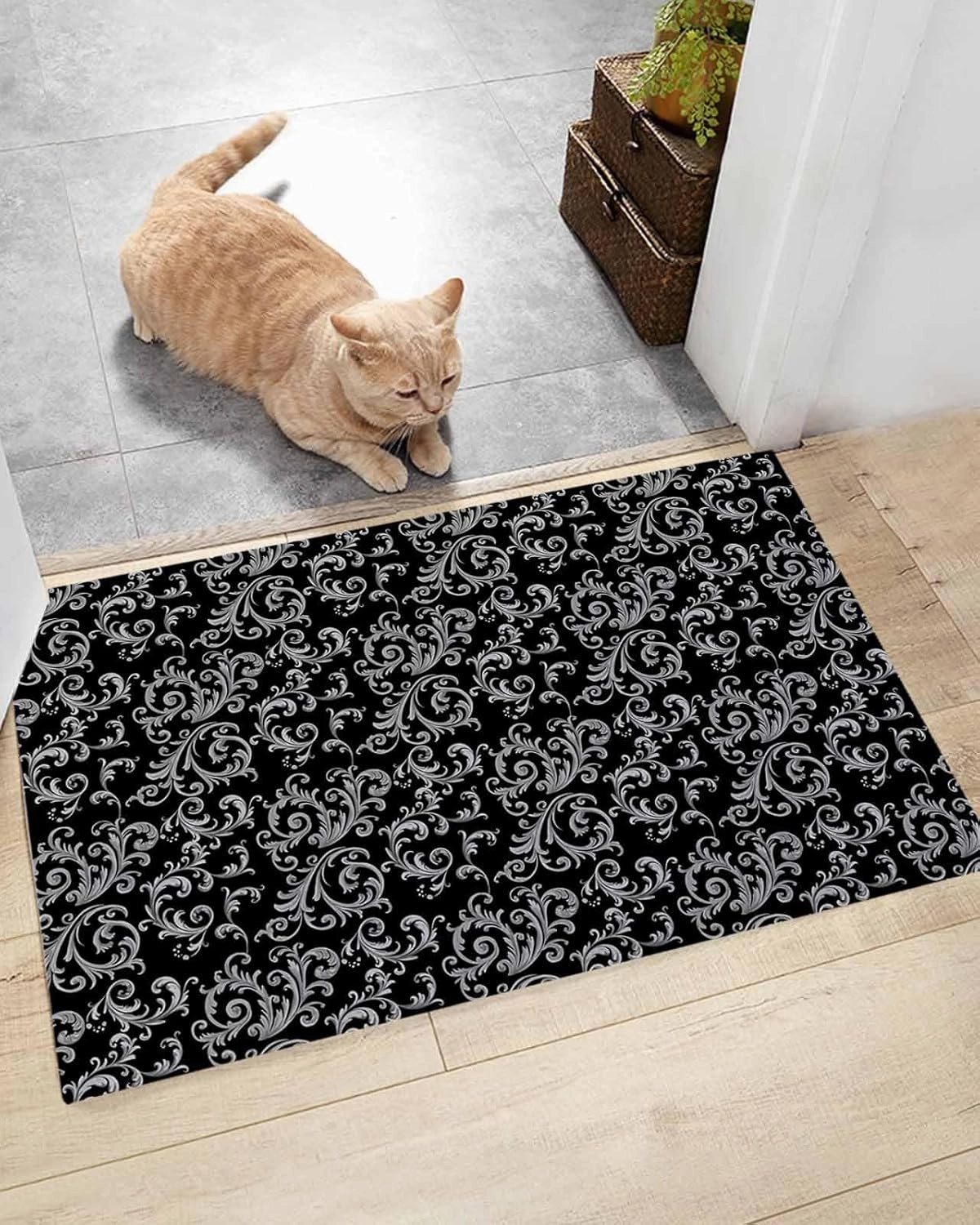 Indoor Doormat Classic Swirling Floral Seamless Design,Shaggy Floor Mat with Non-Skid Backing Black Grey,Machine Washable Plush Area Rug Carpets for Kitchen Nursery Bedroom