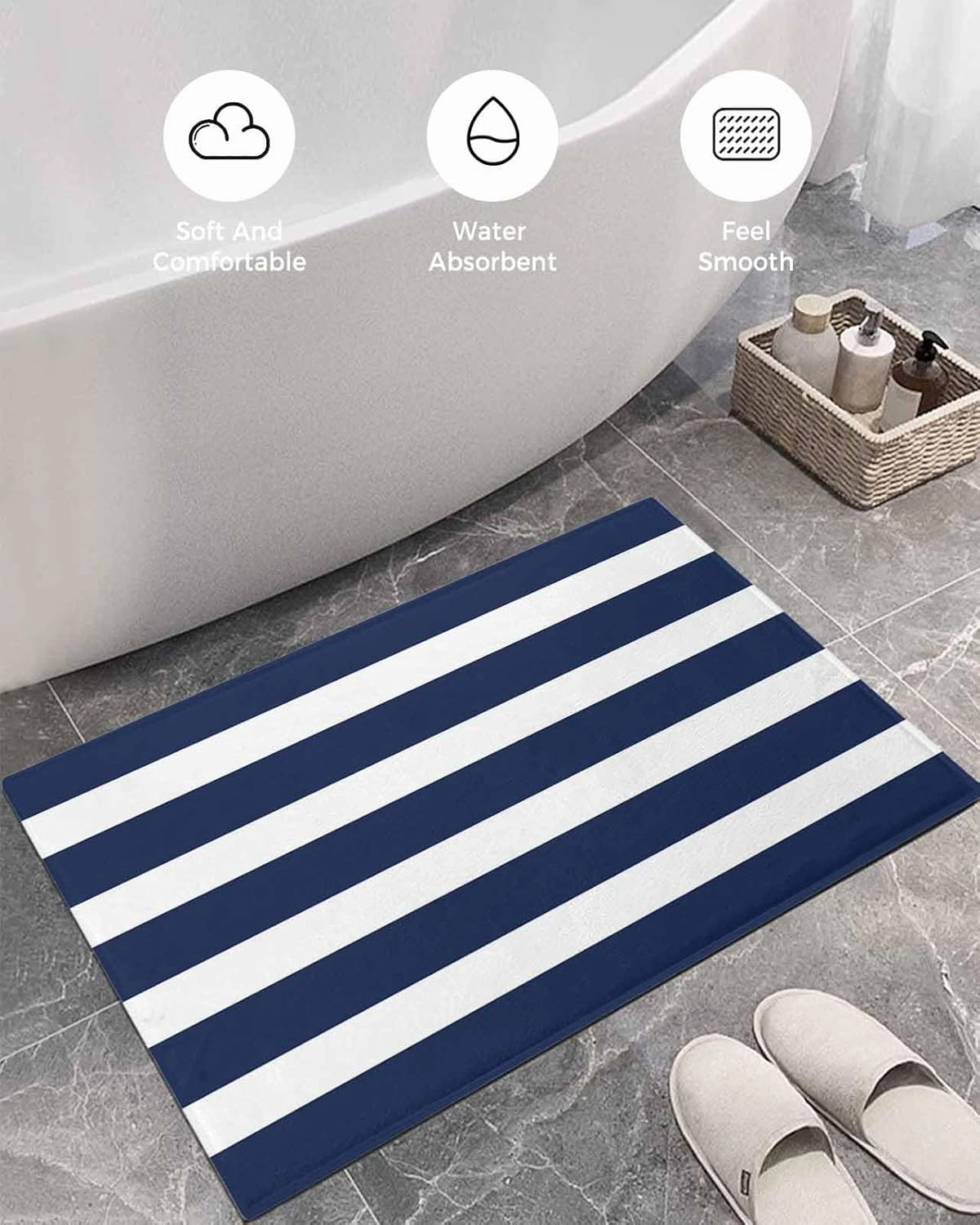 Indoor Doormat Modern Classic Stripes,Shaggy Floor Mat with Non-Skid Backing Nautical Navy Blue and White,Machine Washable Plush Area Rug Carpets for Kitchen Nursery Bedroom