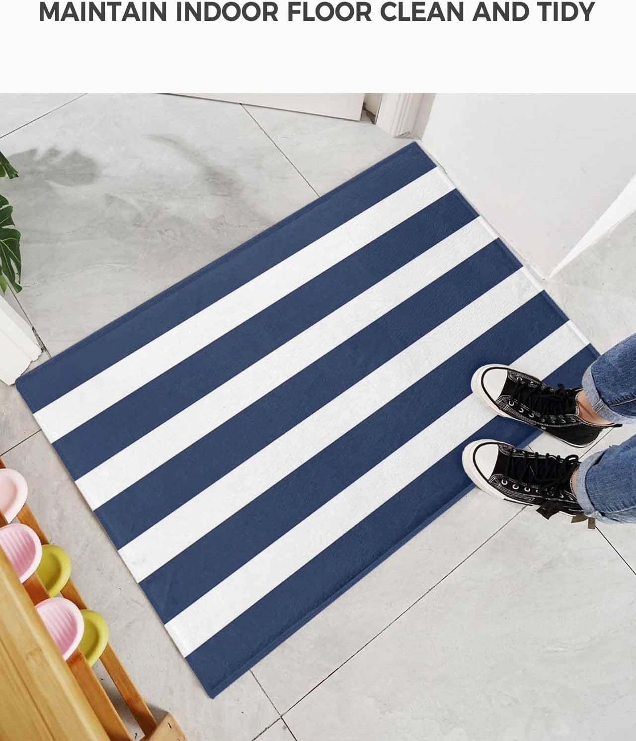 Indoor Doormat Modern Classic Stripes,Shaggy Floor Mat with Non-Skid Backing Nautical Navy Blue and White,Machine Washable Plush Area Rug Carpets for Kitchen Nursery Bedroom