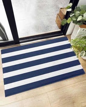 Indoor Doormat Modern Classic Stripes,Shaggy Floor Mat with Non-Skid Backing Nautical Navy Blue and White,Machine Washable Plush Area Rug Carpets for Kitchen Nursery Bedroom