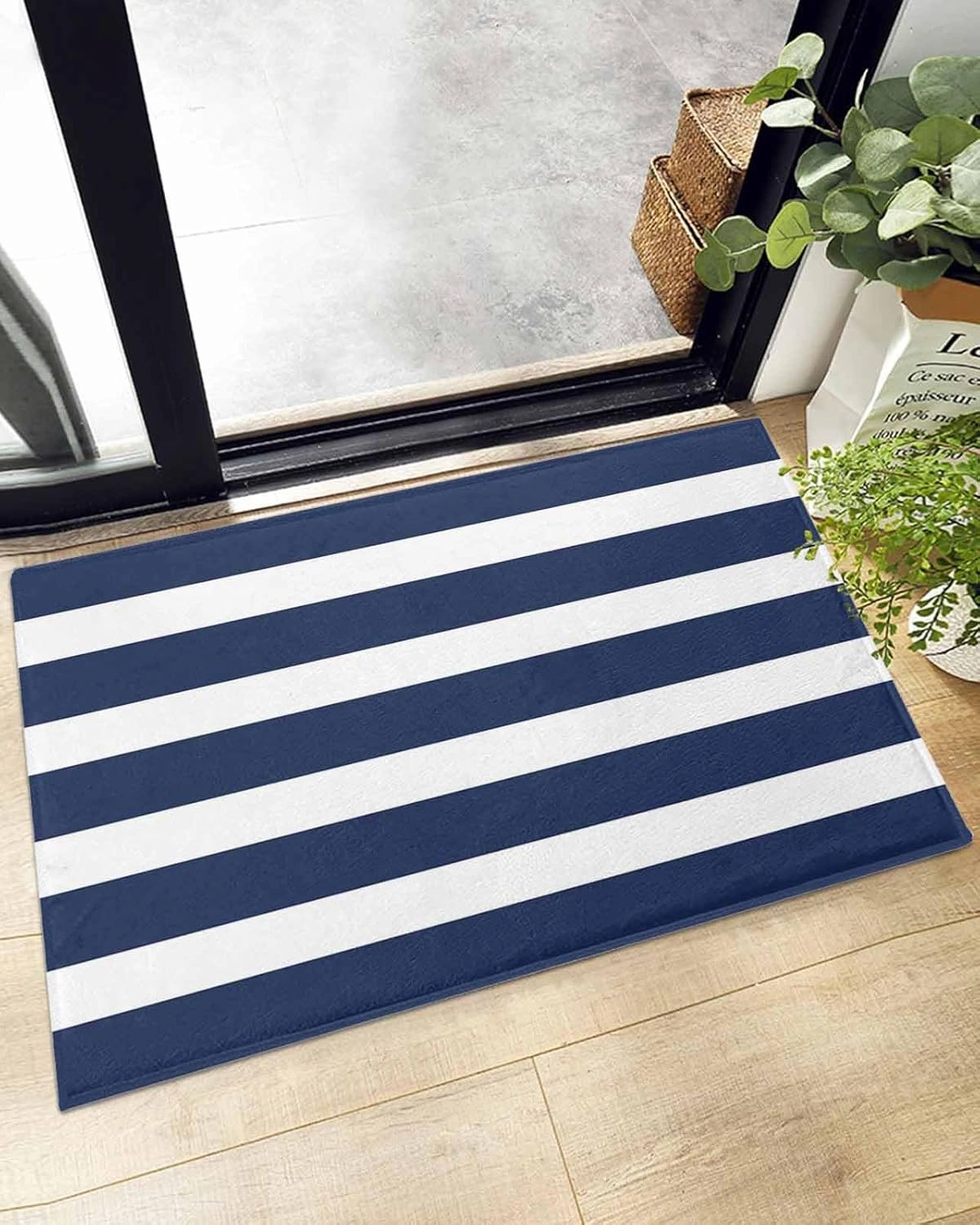 Indoor Doormat Modern Classic Stripes,Shaggy Floor Mat with Non-Skid Backing Nautical Navy Blue and White,Machine Washable Plush Area Rug Carpets for Kitchen Nursery Bedroom