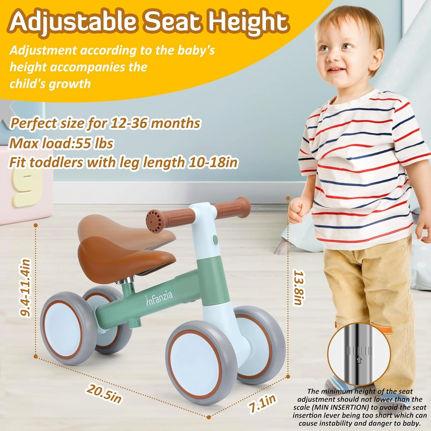 INFANZIA Baby Balance Bike for 12-36 Month Boys Girls, 1 Year Old Toddler First Bike No Pedal with Adjustable Seat, Infant 4 Wheels Bicycle Ride On Toys Kids First Birthday Gifts