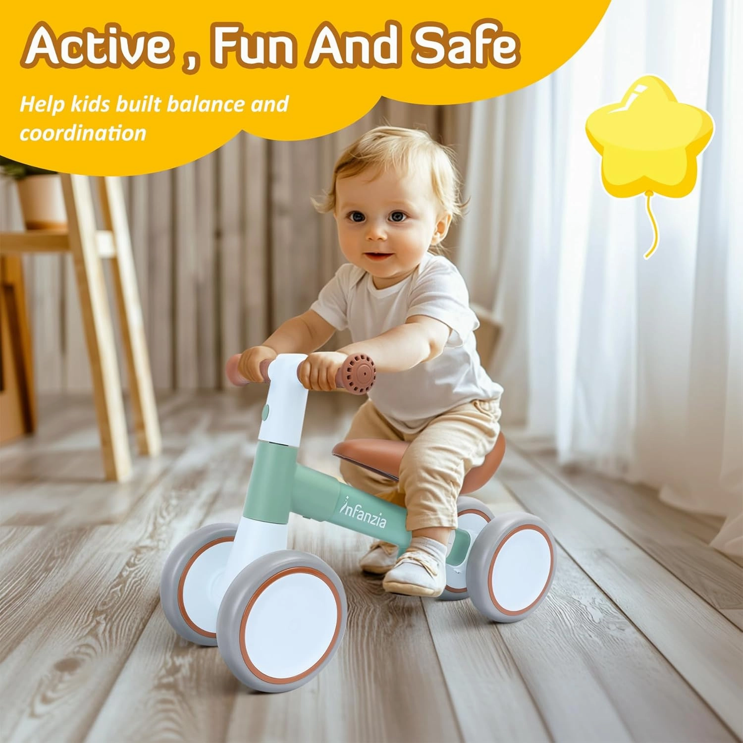 INFANZIA Baby Balance Bike for 12-36 Month Boys Girls, 1 Year Old Toddler First Bike No Pedal with Adjustable Seat, Infant 4 Wheels Bicycle Ride On Toys Kids First Birthday Gifts