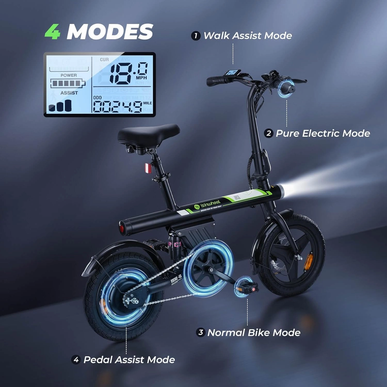 isinwheel U1 Electric Bike for Adults 500W Motor, 20 mph Folding Ebike, 14" Adult Electric Bicycles with Smart Uphill, 280.8Wh Battery, 25 Miles PAS Range, Mini E Bikes for Teens