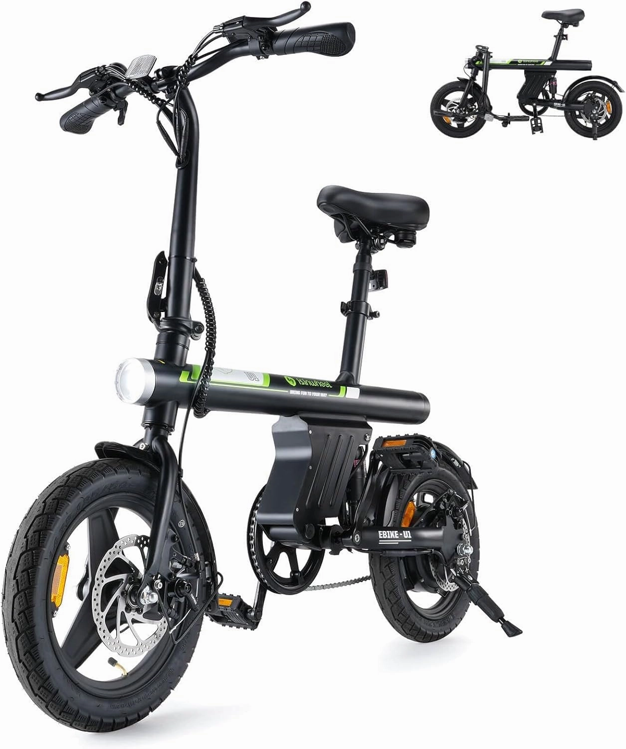 isinwheel U1 Electric Bike for Adults 500W Motor, 20 mph Folding Ebike, 14" Adult Electric Bicycles with Smart Uphill, 280.8Wh Battery, 25 Miles PAS Range, Mini E Bikes for Teens
