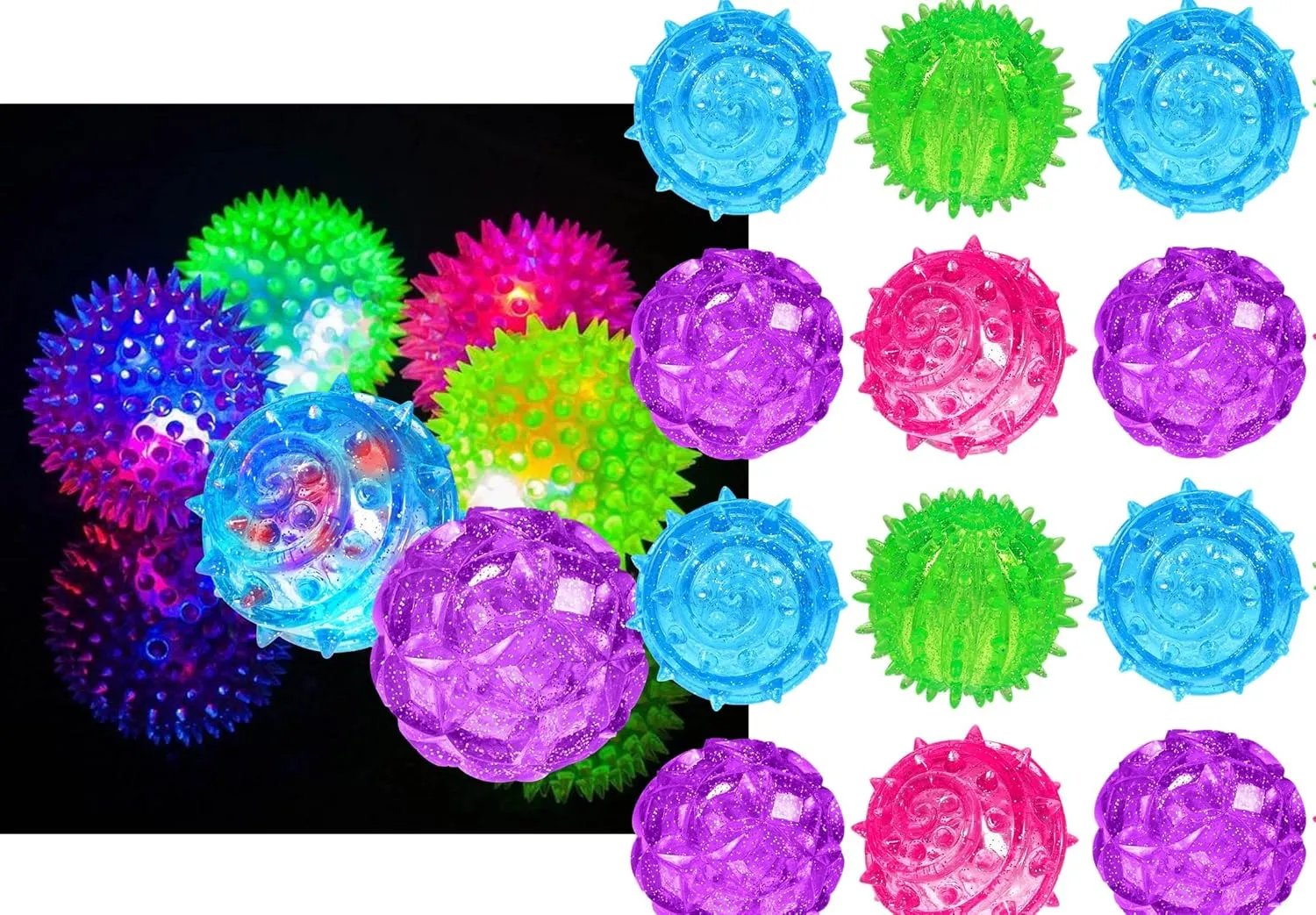 JA-RU Light Up Rubber Spike Ball (Pack of 12 Balls) with Flashing Lights | Bouncy Stress Ball | Great Fidget Ball Toy for Kids | Bulk Bouncing Sensory Balls | Plus 1 Bouncy Ball. 695-12p