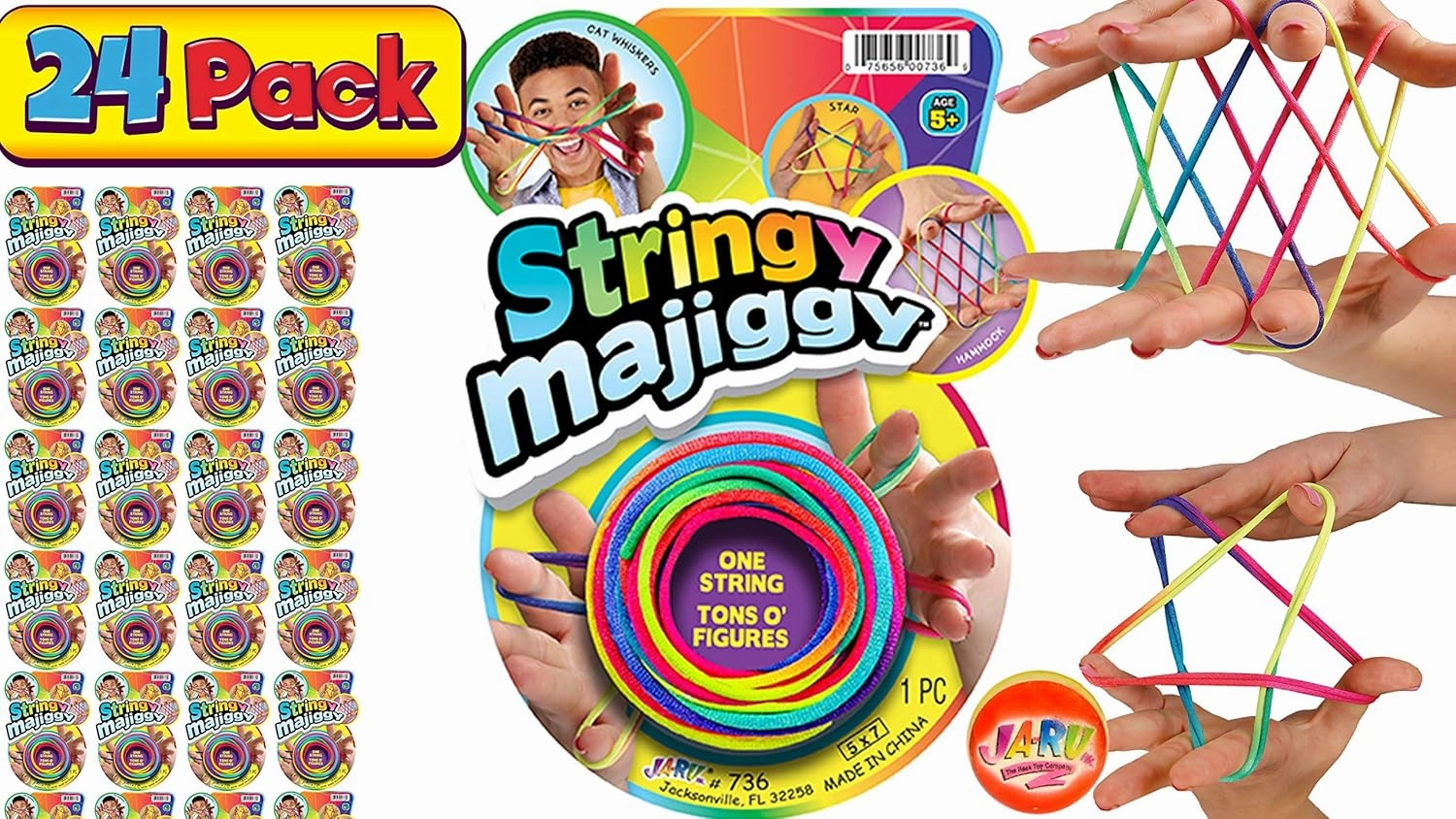 JA-RU Cats Cradle String Game Fingers Fun (Pack of 24) with 1 Collectable Bouncy Ball Family Hand Games for Kids. Finger Rope Toy. 736-24p
