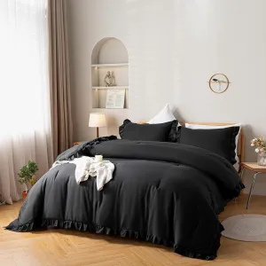 JANZAA Full Size Comforter Ruffled Black Comforter Set Soft Vintage Farmhouse Bed Bedding Set 3PCS Shabby Fluffy Bedding ?1 Solid Color Comforter and 2 Pillowcases?