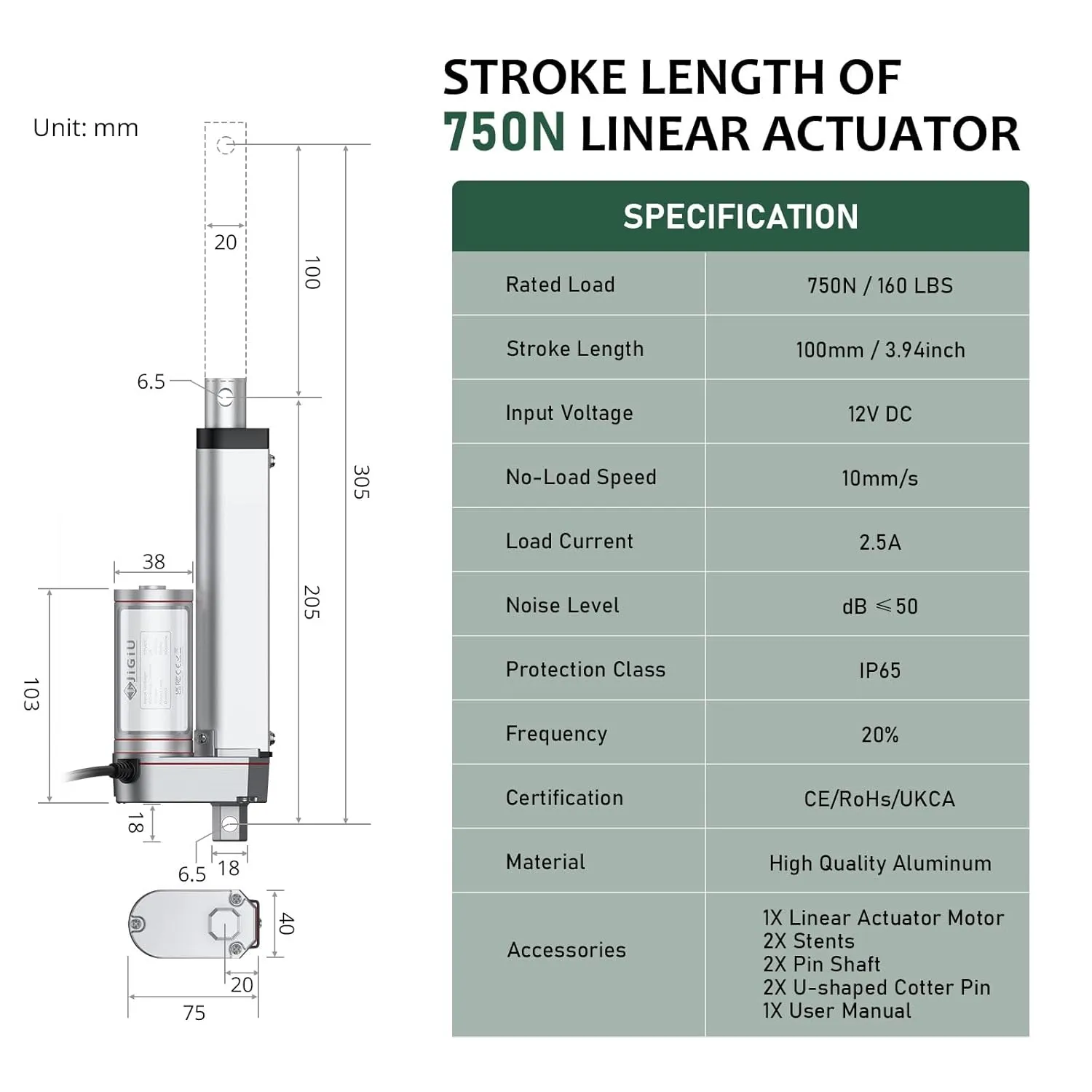 JiGiU 12V Actuator Heavy Duty 160lbs/750N Linear Actuator 100mm 4" Linear Motion Actuators with Mounting Brackets & IP65 Protection for Car RV Electric Door Industrial Machinery Vessels Window-Silver