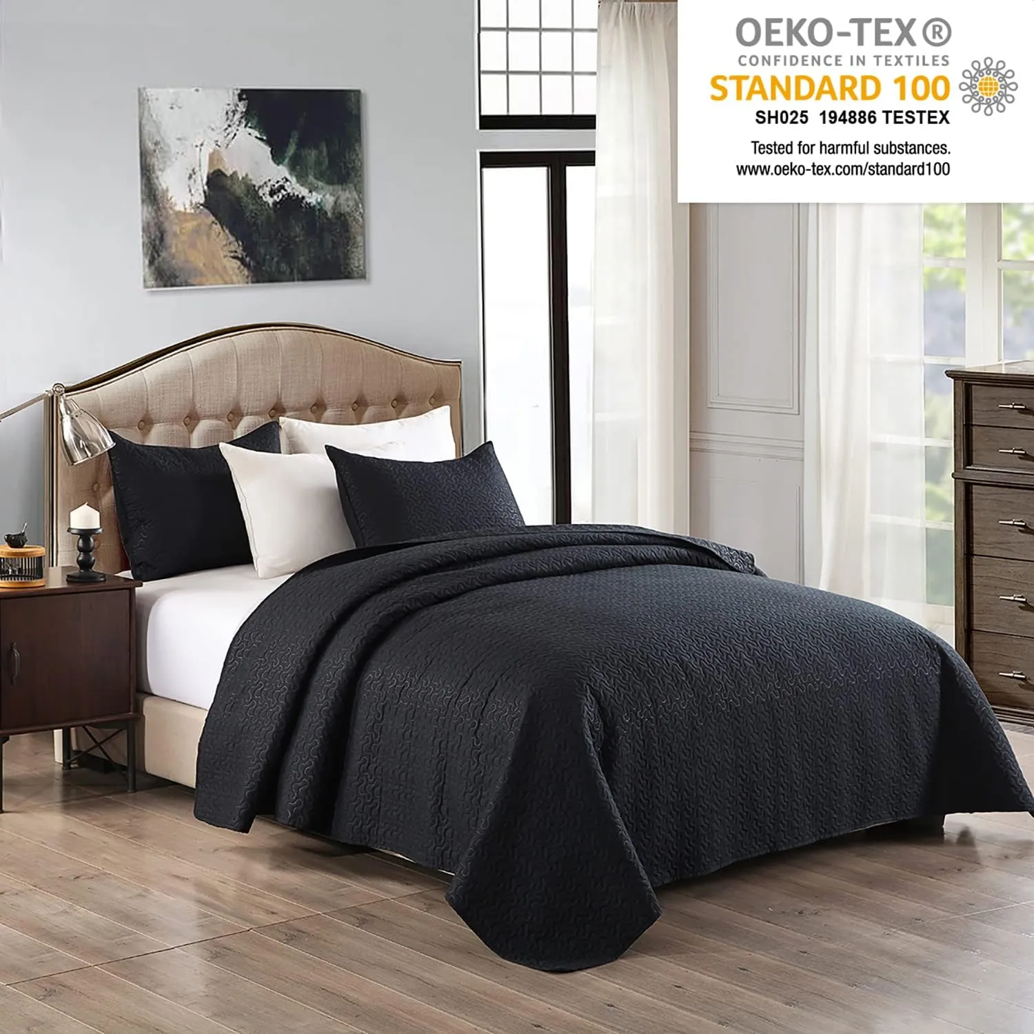 JML Quilts Set, Bedspread Coverlet Set with Pillowcases - 3 Piece Soft and Lightweight Bed Quilt for Spring, Autumn and Summer (Embossed Stripe - Black, Full/Queen(88"x92"))