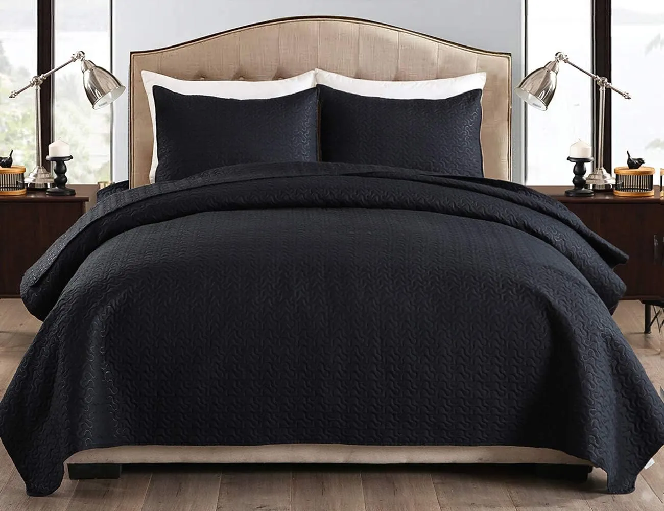 JML Quilts Set, Bedspread Coverlet Set with Pillowcases - 3 Piece Soft and Lightweight Bed Quilt for Spring, Autumn and Summer (Embossed Stripe - Black, Full/Queen(88"x92"))