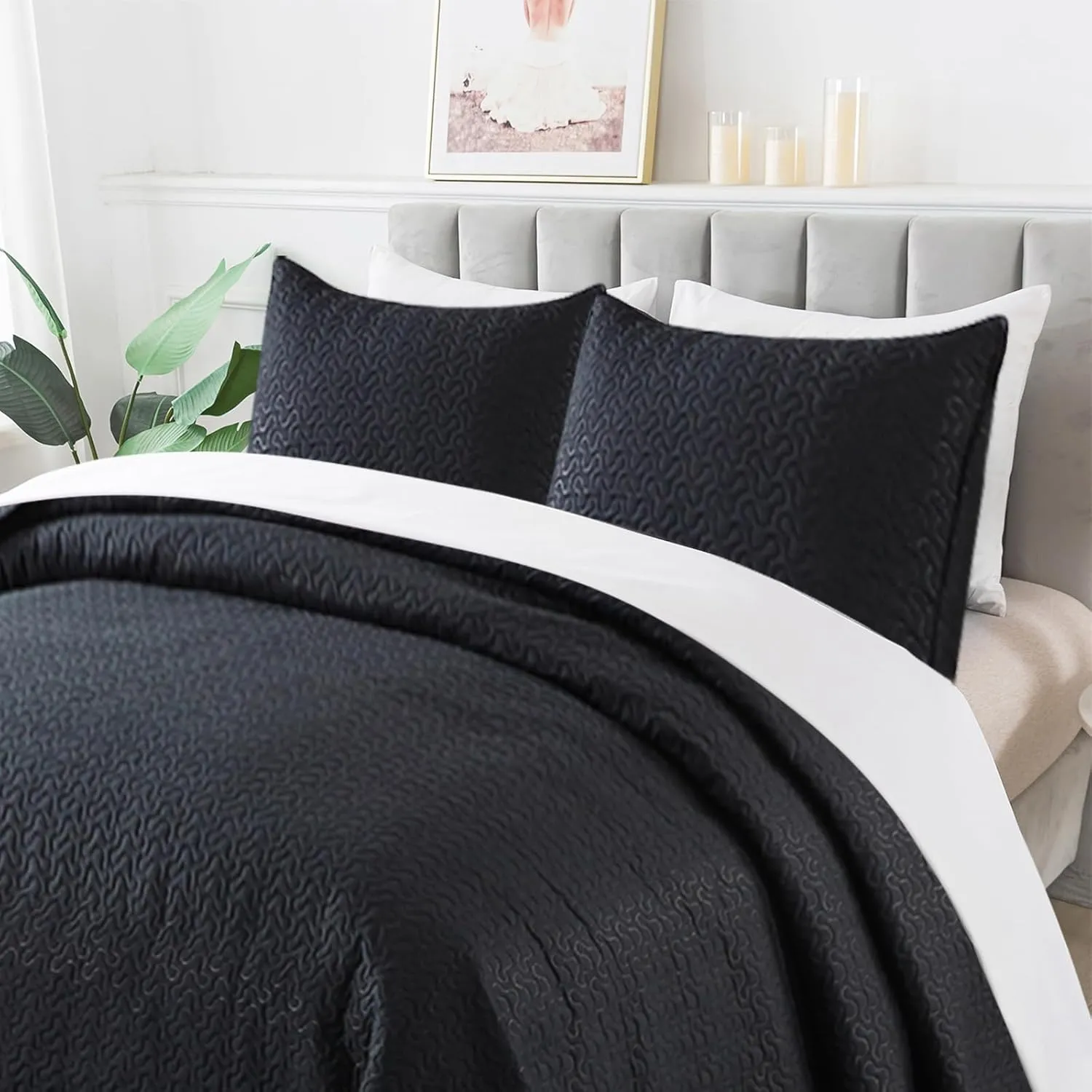 JML Quilts Set, Bedspread Coverlet Set with Pillowcases - 3 Piece Soft and Lightweight Bed Quilt for Spring, Autumn and Summer (Embossed Stripe - Black, Full/Queen(88"x92"))