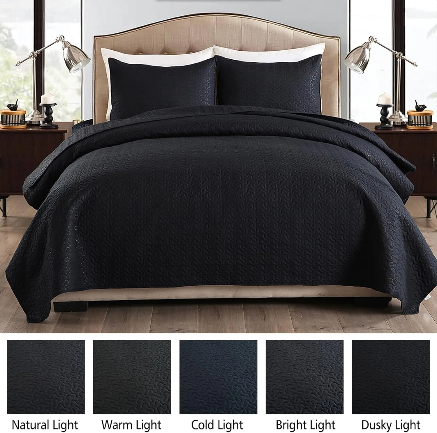 JML Quilts Set, Bedspread Coverlet Set with Pillowcases - 3 Piece Soft and Lightweight Bed Quilt for Spring, Autumn and Summer (Embossed Stripe - Black, Full/Queen(88"x92"))