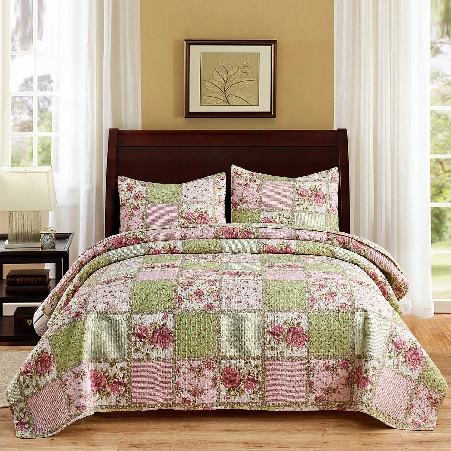 JML Quilt Set, 3 Pieces Bedspread Coverlet Cover - Soft Brushed Microfiber, Lightweight Printed Bedspread Set (Garden Pattern, King 92"x104")