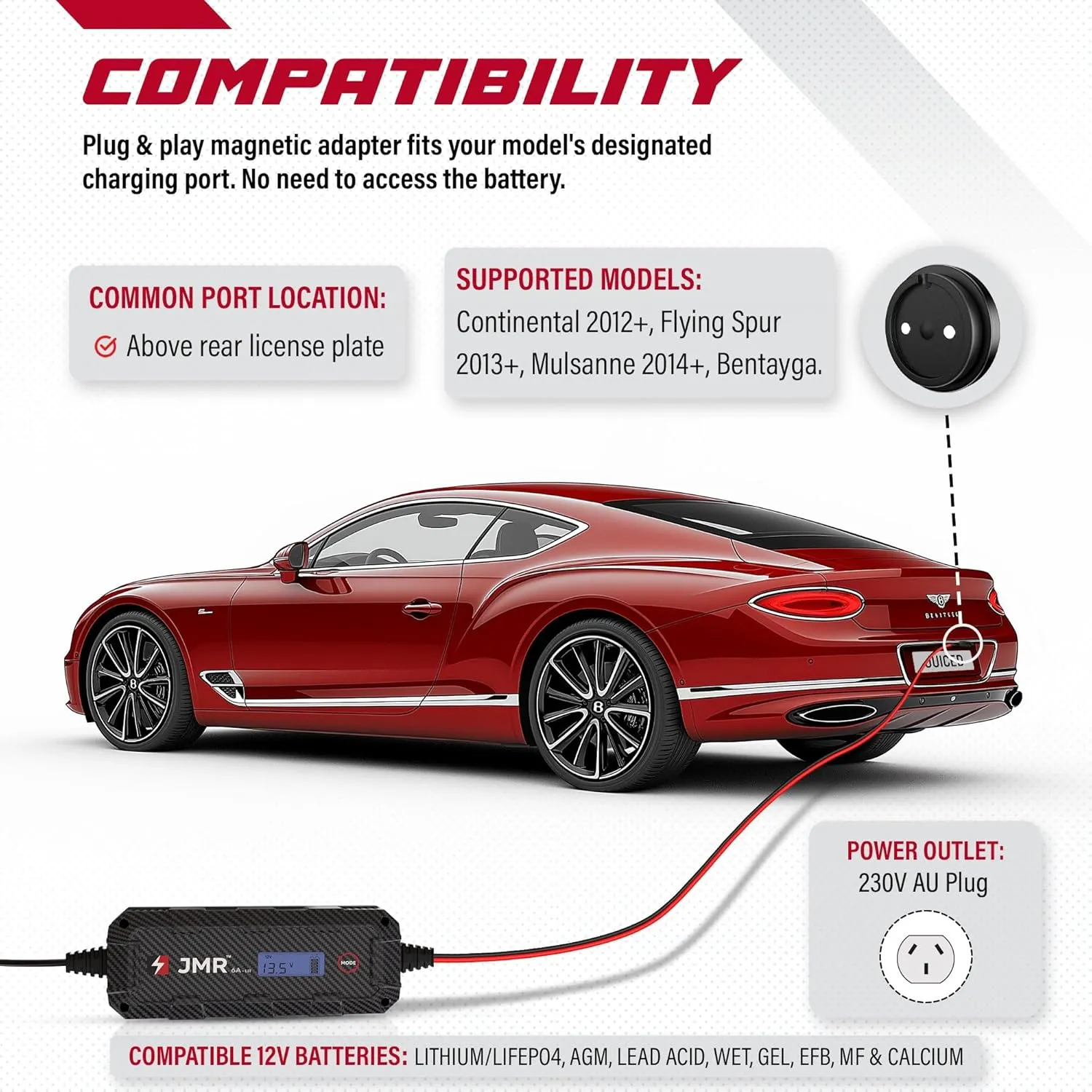 JMR Battery Charger for Bentley Continental GT Bentayga Flying Spur Mulsanne Trickle Charger Conditioner Maintainer (Magnetic Port, Add Lithium Mode)