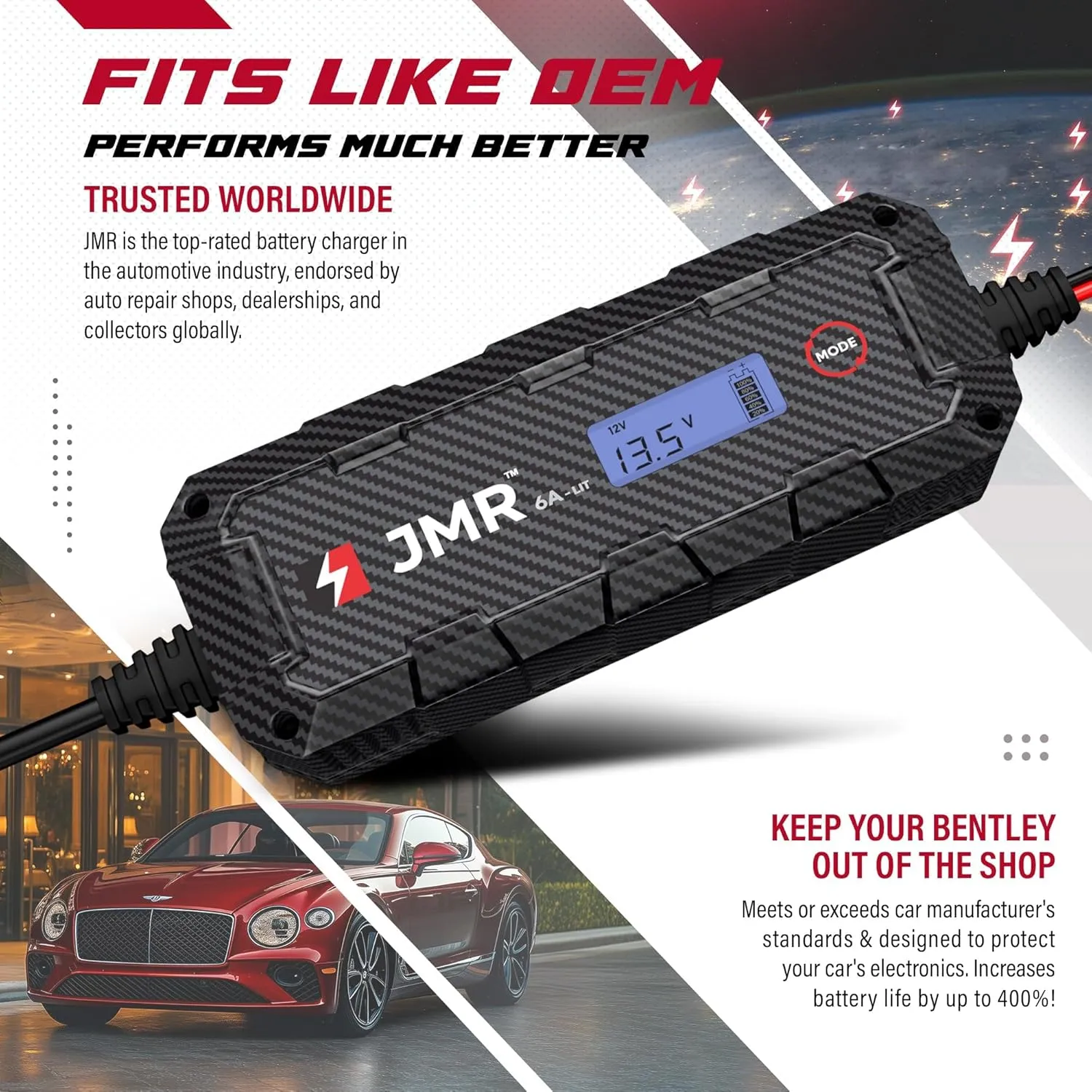 JMR Battery Charger for Bentley Continental GT Bentayga Flying Spur Mulsanne Trickle Charger Conditioner Maintainer (Magnetic Port, Add Lithium Mode)