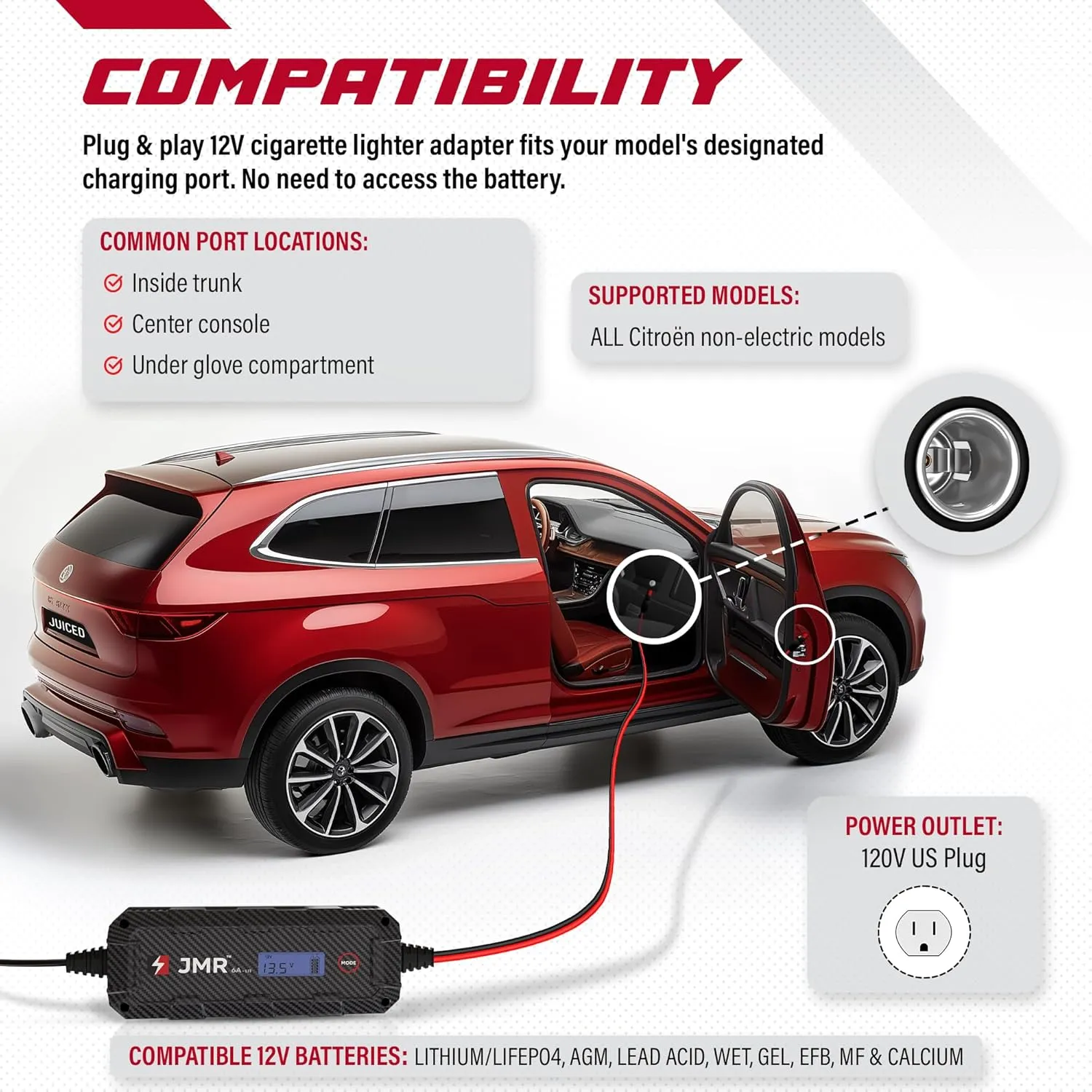 JMR Battery Charger for Borgward BX5 BX6 BX7 All Models Trickle Charger Conditioner Maintainer (Add Lithium Mode)