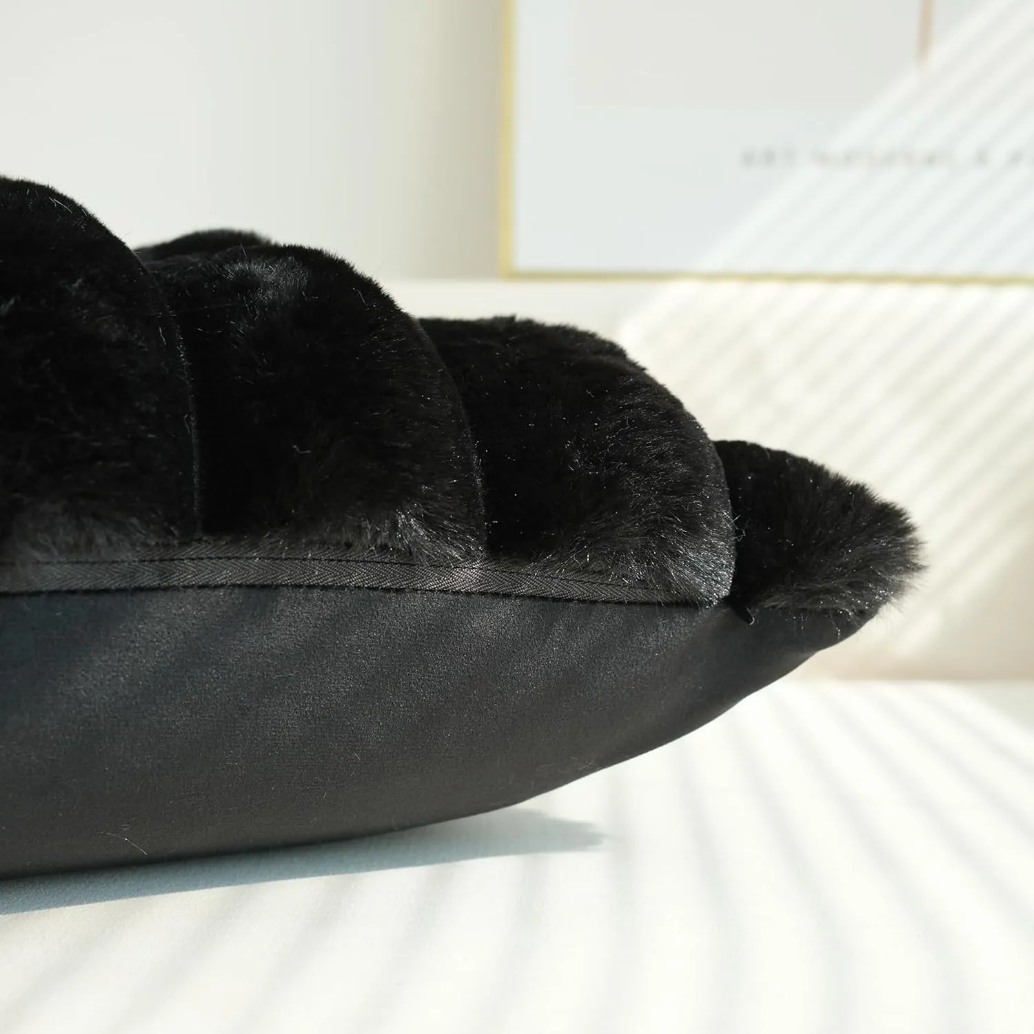 JOJUSIS Pack of 2 Faux Fur Plush Decorative Throw Pillow Covers Couch Cushion Case Soft Fluffy Pillowcases Wide Stripe (Black, 18 x 18 Inch)