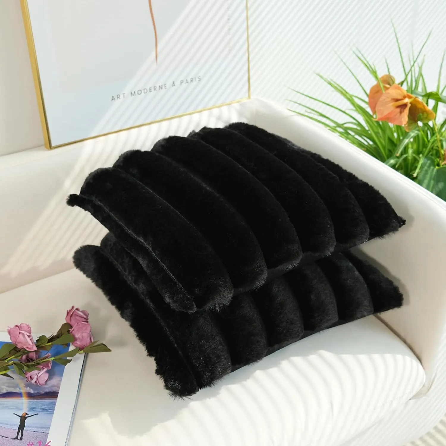 JOJUSIS Pack of 2 Faux Fur Plush Decorative Throw Pillow Covers Couch Cushion Case Soft Fluffy Pillowcases Wide Stripe (Black, 18 x 18 Inch)