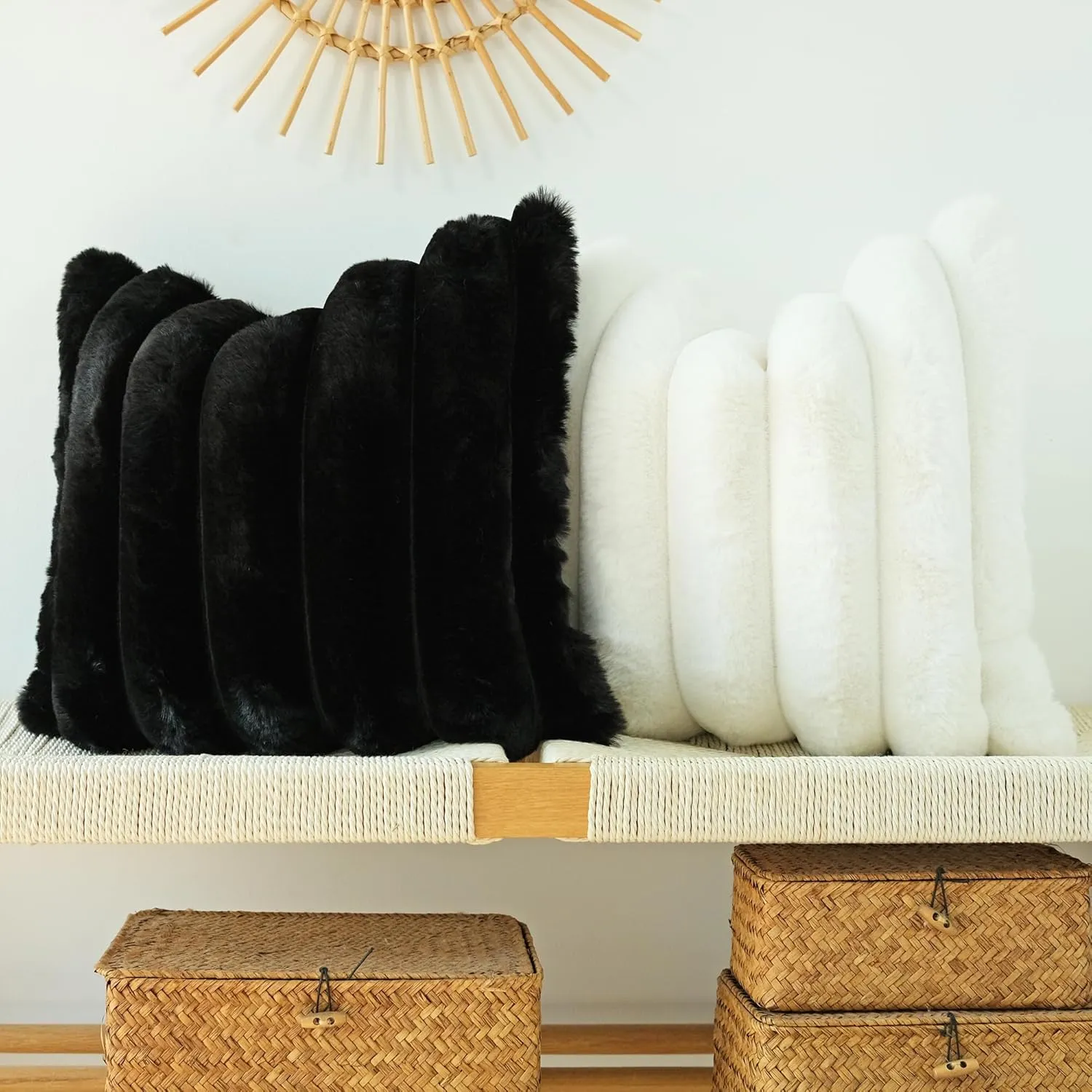 JOJUSIS Pack of 2 Faux Fur Plush Decorative Throw Pillow Covers Couch Cushion Case Soft Fluffy Pillowcases Wide Stripe (Black, 18 x 18 Inch)