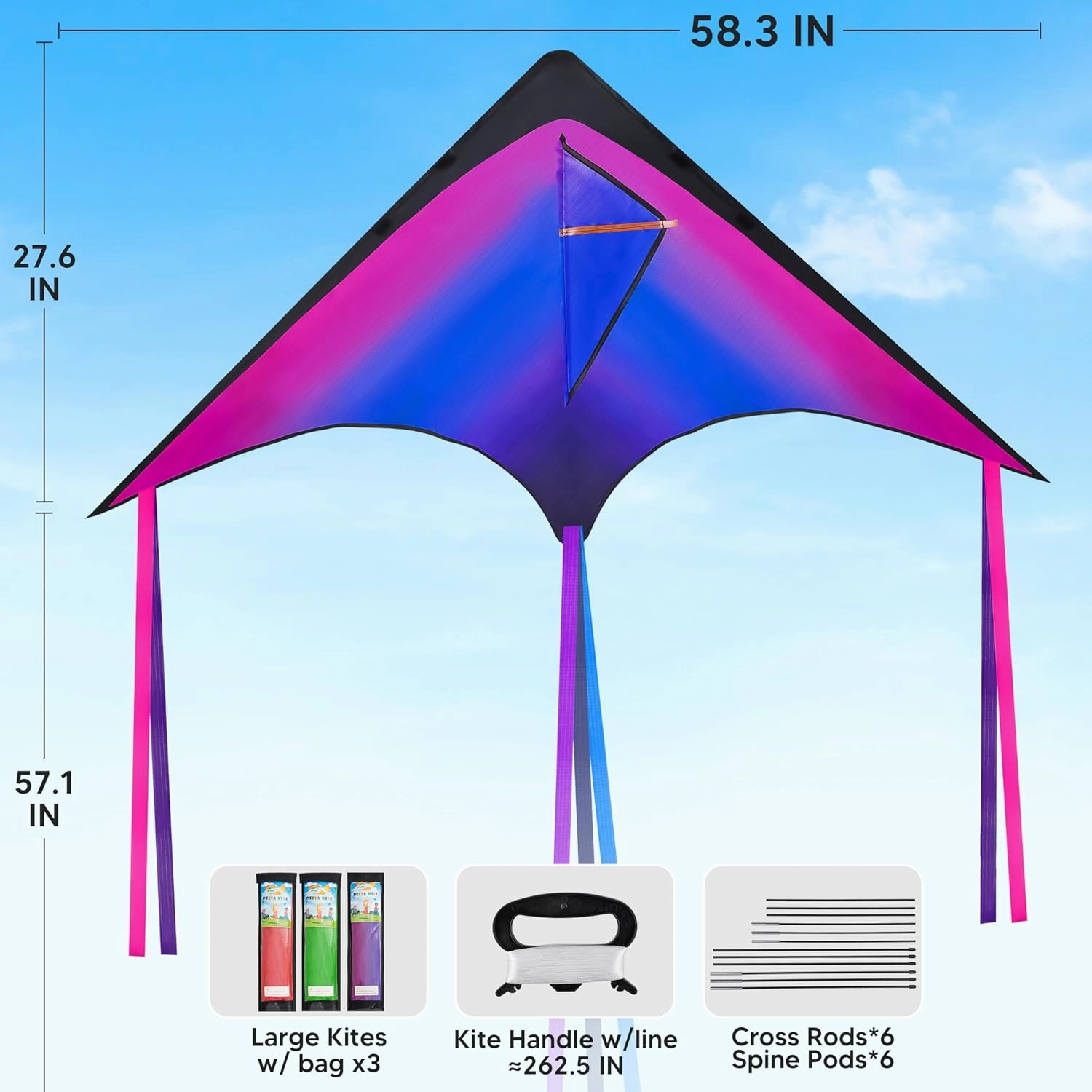 JOYIN Large Delta Kite Red, Green and Purple, Easy to Fly Huge for Kids and Adults with 262.5ft String, Large Delta Beach Kite for Outdoor Games and Activities