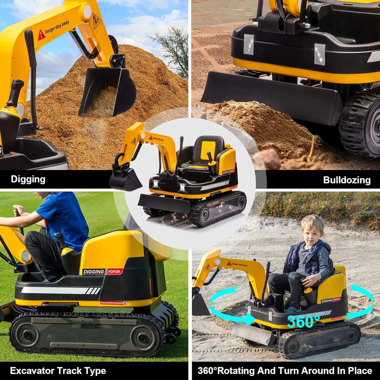 JOYLDIAS 360 Degree Rotating Ride On Excavator and Bulldozer,12V12AH Battery Powered Ride On Toy Backhoe W/Track Design Wheels for All Terrain,Remote Control,MP3,Toolbox for Kids,Parent,Yellow