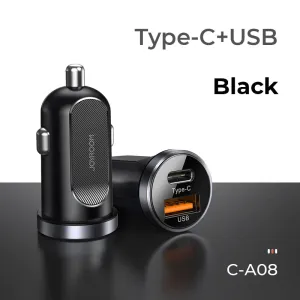 Joyroom C-A08 Mini Dual-port 30W Smart Car Charger PD QC3.0 - Black