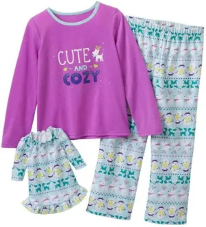 Jumping Beans Girls Lightweight Purple Reindeer Pajamas & Doll Nightgown Set 4