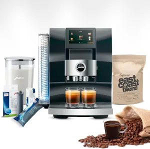 Jura Z10 (Diamond Black) Bundle with Filter Cartridge Water Stabilizer, Milk System Cleaner Mini-Tabs, Cleaning Tablets, Milk Containers, and Capresso Coffee Bean (6 Items)