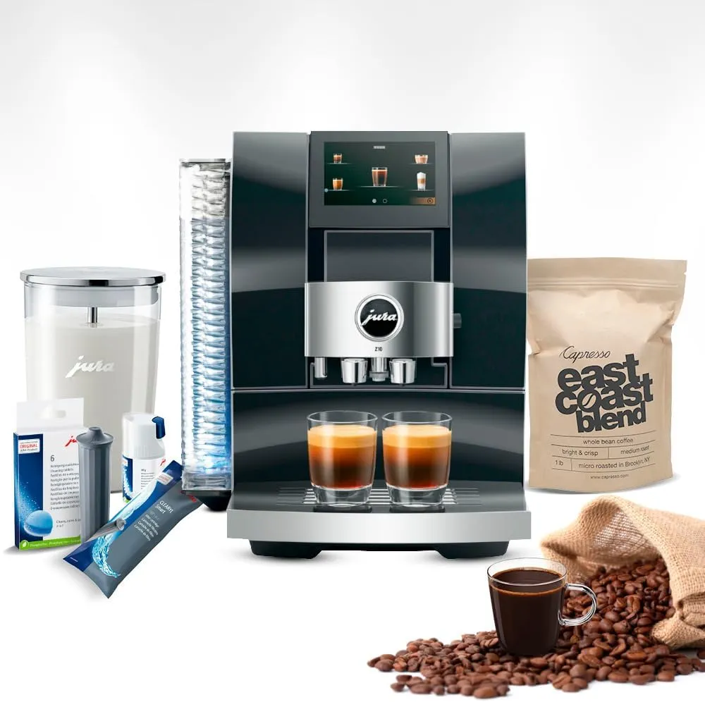 Jura Z10 (Diamond Black) Bundle with Filter Cartridge Water Stabilizer, Milk System Cleaner Mini-Tabs, Cleaning Tablets, Milk Containers, and Capresso Coffee Bean (6 Items)