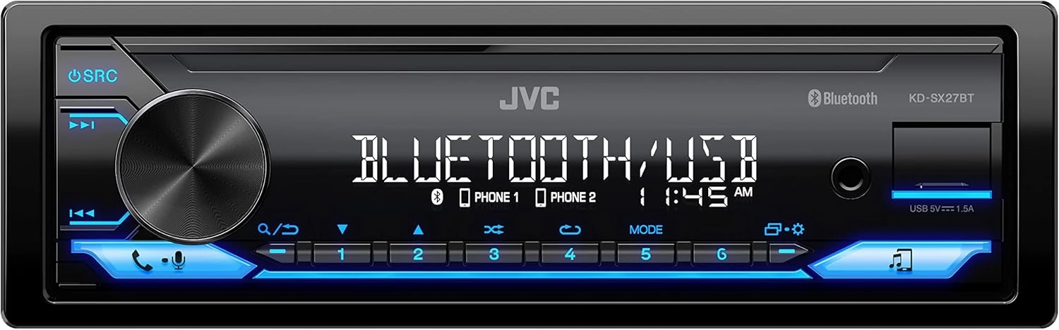 JVC KD-SX27BT Car Stereo with Bluetooth, 100W Digital Media Receiver, 1.5A USB to Charge Devices, Single DIN Head Unit, AM/FM, Aux-in, JVC Remote App