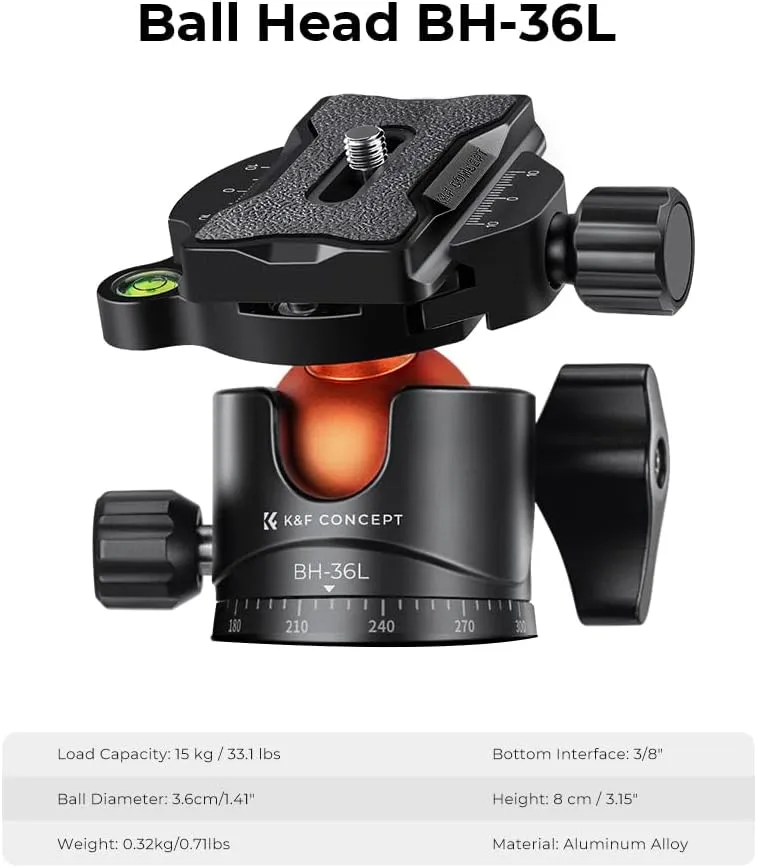K&F Concept 62-inch Carbon Fiber Camera Tripod,Portable Compact Tripods with Detachable Monopod,360° Metal Ball Head 15KG/33lbs Load Capacity with Quick Release Plate for Travel and Work A255C2 BH-35L