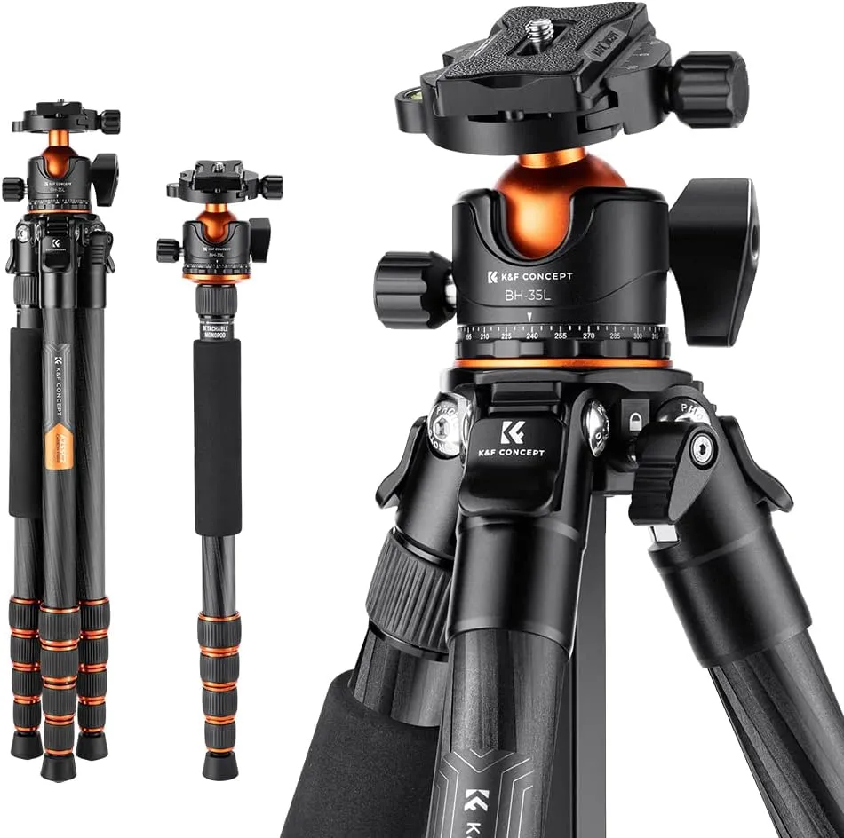 K&F Concept 62-inch Carbon Fiber Camera Tripod,Portable Compact Tripods with Detachable Monopod,360° Metal Ball Head 15KG/33lbs Load Capacity with Quick Release Plate for Travel and Work A255C2 BH-35L
