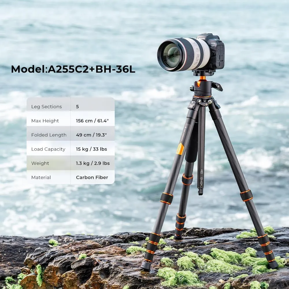 K&F Concept 62-inch Carbon Fiber Camera Tripod,Portable Compact Tripods with Detachable Monopod,360° Metal Ball Head 15KG/33lbs Load Capacity with Quick Release Plate for Travel and Work A255C2 BH-35L