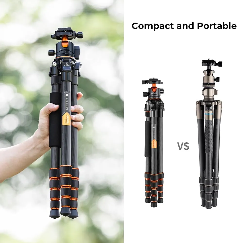 K&F Concept 62-inch Carbon Fiber Camera Tripod,Portable Compact Tripods with Detachable Monopod,360° Metal Ball Head 15KG/33lbs Load Capacity with Quick Release Plate for Travel and Work A255C2 BH-35L