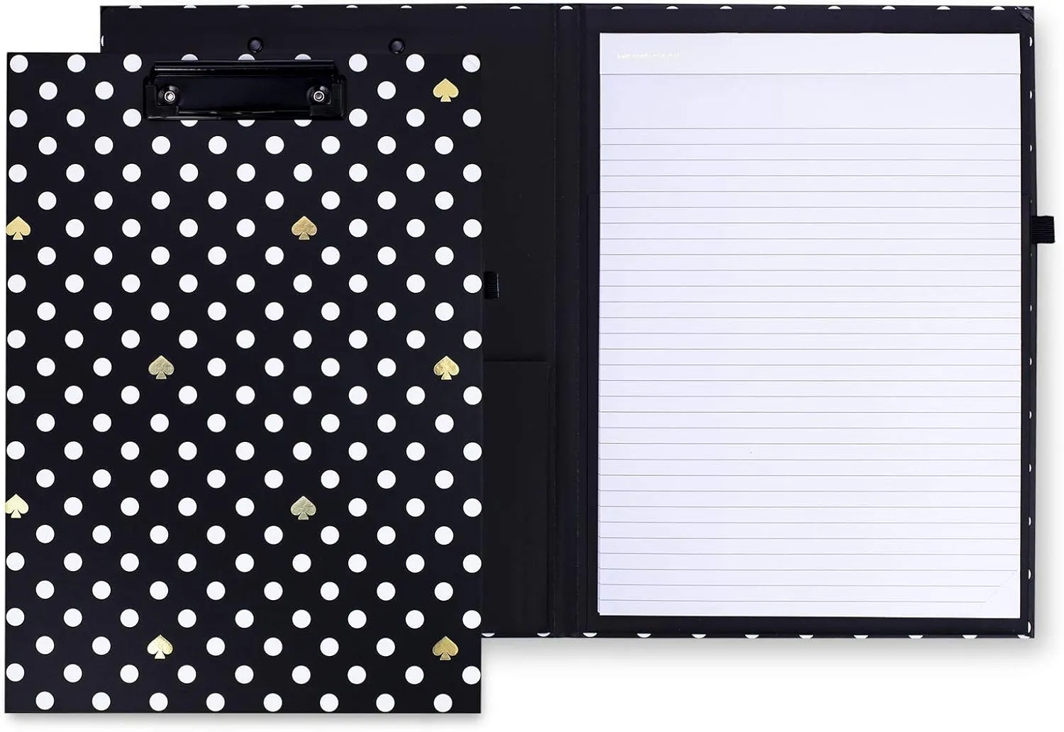Kate Spade New York A4 Clipboard Folio with Low Profile Clip, Black Professional Padfolio Includes Lined Notepad, Pen Loop, and Pocket, Polka Dots