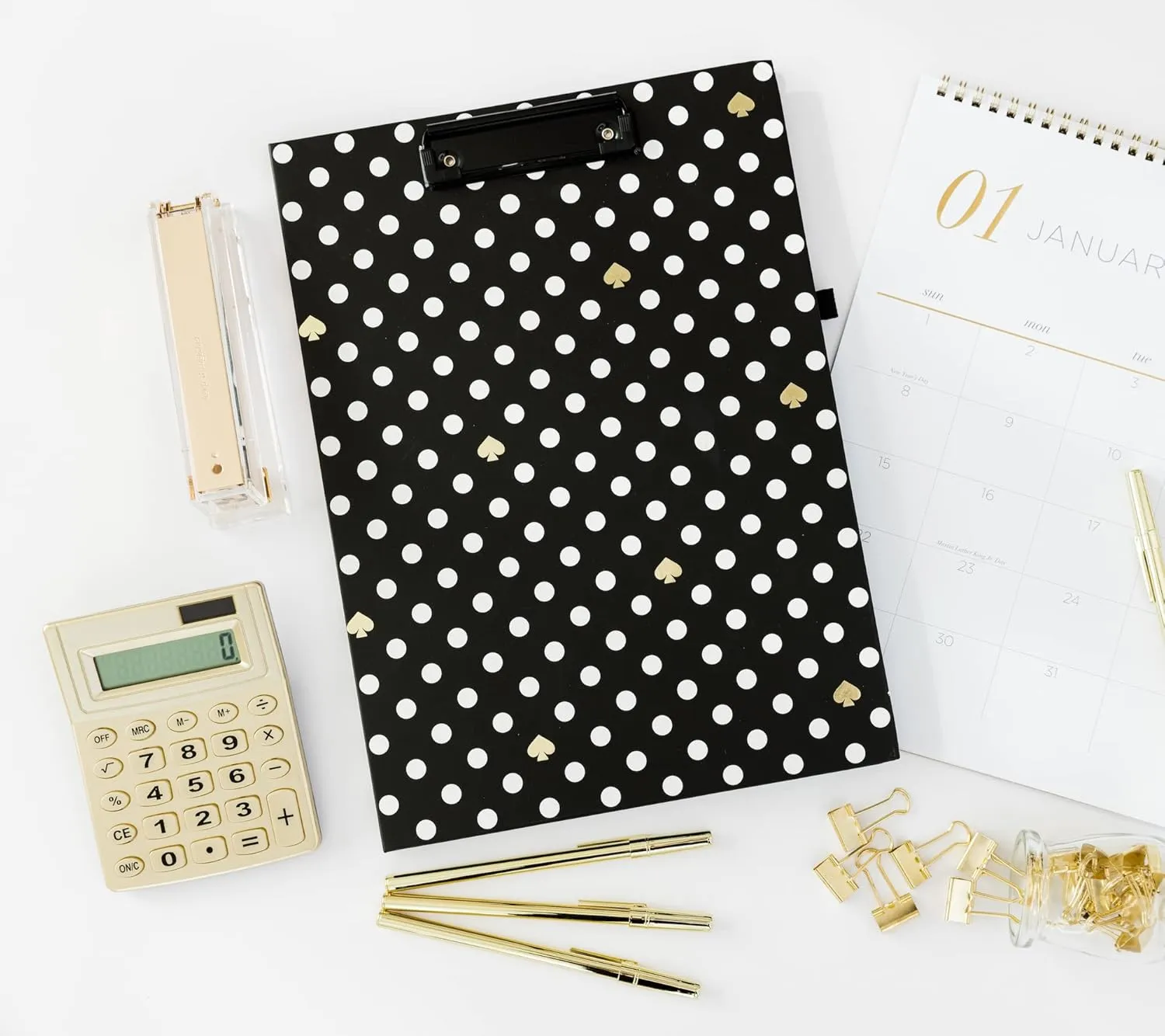 Kate Spade New York A4 Clipboard Folio with Low Profile Clip, Black Professional Padfolio Includes Lined Notepad, Pen Loop, and Pocket, Polka Dots