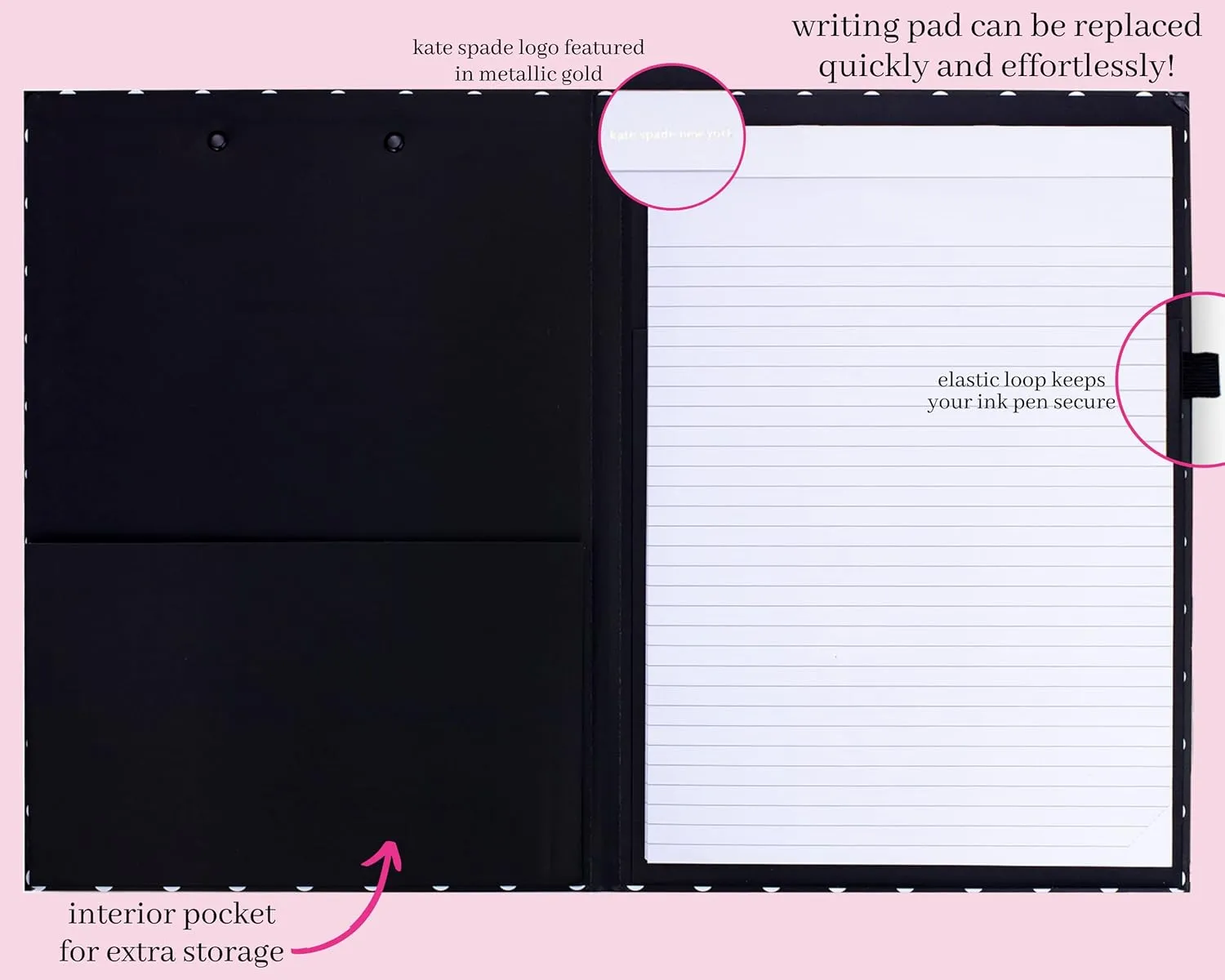 Kate Spade New York A4 Clipboard Folio with Low Profile Clip, Black Professional Padfolio Includes Lined Notepad, Pen Loop, and Pocket, Polka Dots