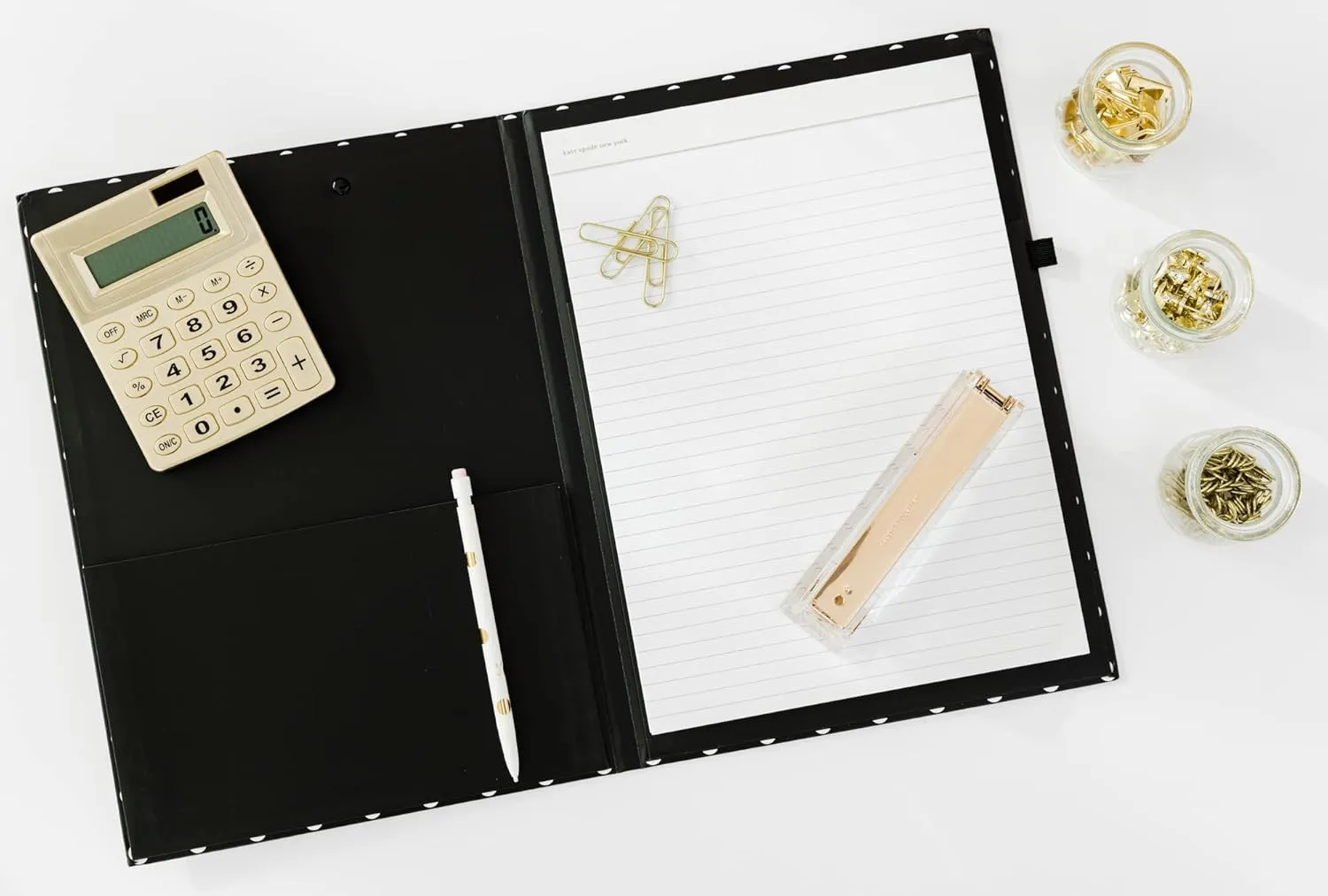 Kate Spade New York A4 Clipboard Folio with Low Profile Clip, Black Professional Padfolio Includes Lined Notepad, Pen Loop, and Pocket, Polka Dots
