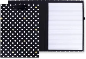 Kate Spade New York A4 Clipboard Folio with Low Profile Clip, Black Professional Padfolio Includes Lined Notepad, Pen Loop, and Pocket, Polka Dots