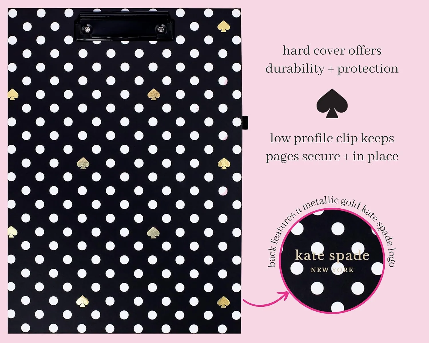 Kate Spade New York A4 Clipboard Folio with Low Profile Clip, Black Professional Padfolio Includes Lined Notepad, Pen Loop, and Pocket, Polka Dots