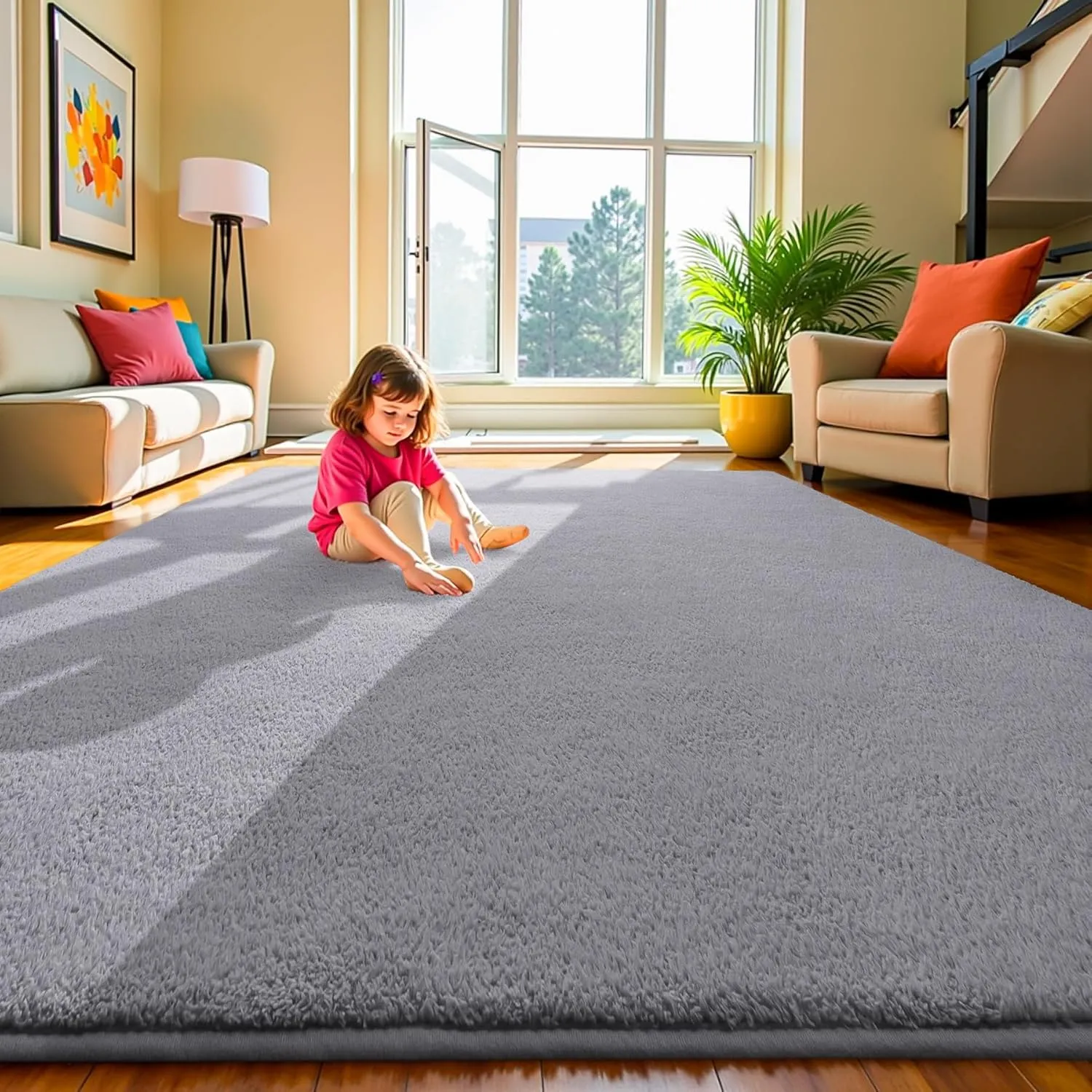Keeko 4x6 Grey Area Rugs for Bedroom, Soft Modern Living Room Rug Indoor Non Slip Low Pile Washable Rug Fluffy Fuzzy Memory Foam Carpets Throw Rugs for Kids Nursery Classroom Dorm Room Decor