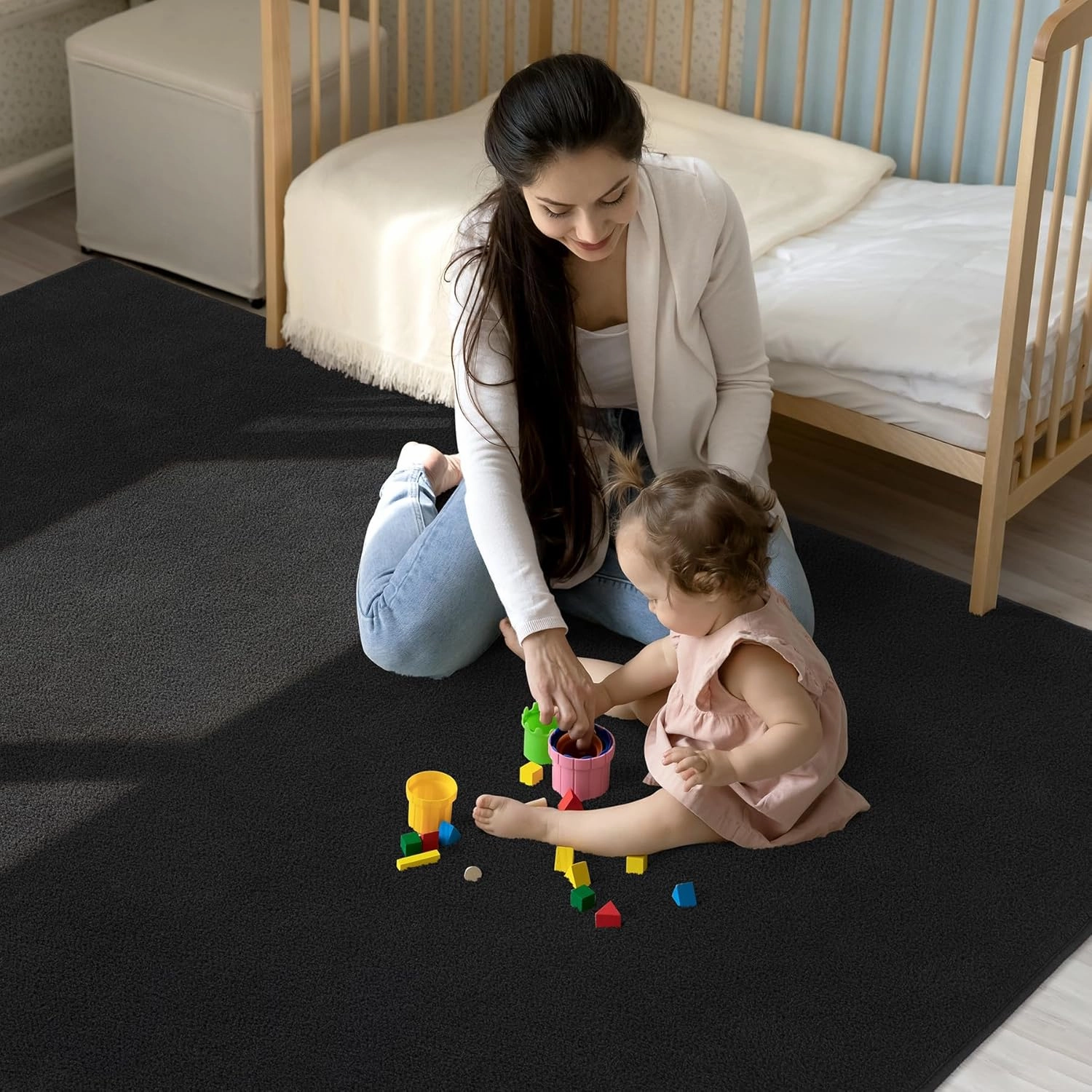 Keeko 4x6 Black Area Rugs for Bedroom, Soft Modern Living Room Rug Indoor Non Slip Low Pile Washable Rug Fluffy Fuzzy Memory Foam Carpets Throw Rugs for Kids Nursery Classroom Dorm Room Decor