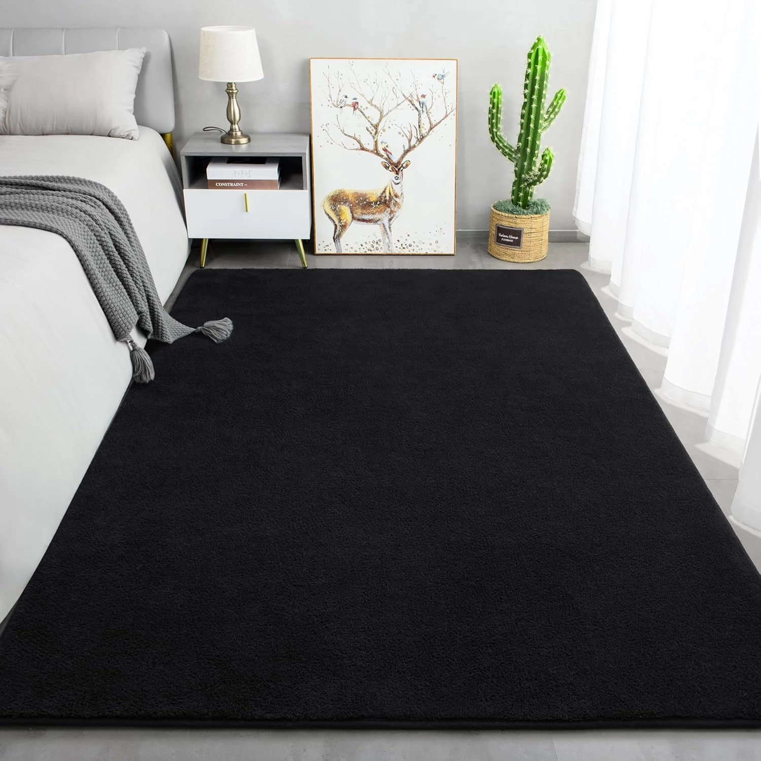 Keeko 4x6 Black Area Rugs for Bedroom, Soft Modern Living Room Rug Indoor Non Slip Low Pile Washable Rug Fluffy Fuzzy Memory Foam Carpets Throw Rugs for Kids Nursery Classroom Dorm Room Decor