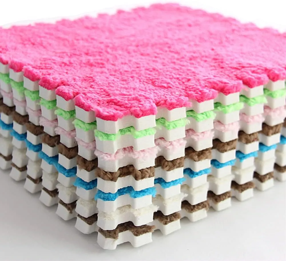 Kekon Square Interlocking Shaggy Soft EVA Foam Puzzle Mats Fuzzy Carpet Fluffy Area Rugs Set Tiles Plush Play Mat for Room Home Parlor Bedroom (12pcs, Rose)