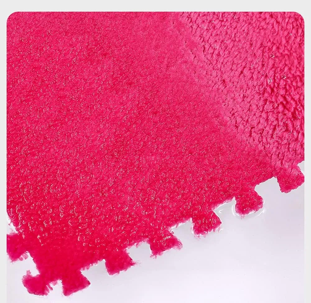 Kekon Square Interlocking Shaggy Soft EVA Foam Puzzle Mats Fuzzy Carpet Fluffy Area Rugs Set Tiles Plush Play Mat for Room Home Parlor Bedroom (12pcs, Rose)