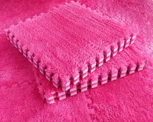 Kekon Square Interlocking Shaggy Soft EVA Foam Puzzle Mats Fuzzy Carpet Fluffy Area Rugs Set Tiles Plush Play Mat for Room Home Parlor Bedroom (12pcs, Rose)