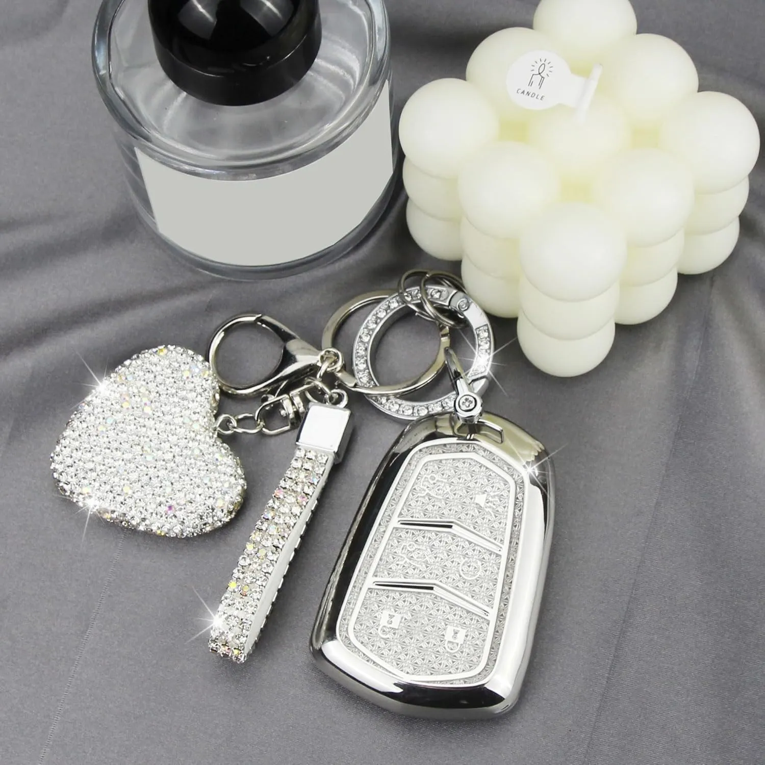 Key Fob Cover with Diamond Keychain Fit for Cadillac Car Key Holder Case Compatible with Cadillac Escalade ATS CTS STS SRX XT5 CT6 Smart Remote Key Protector, 6 Buttons (Silver-Heart)