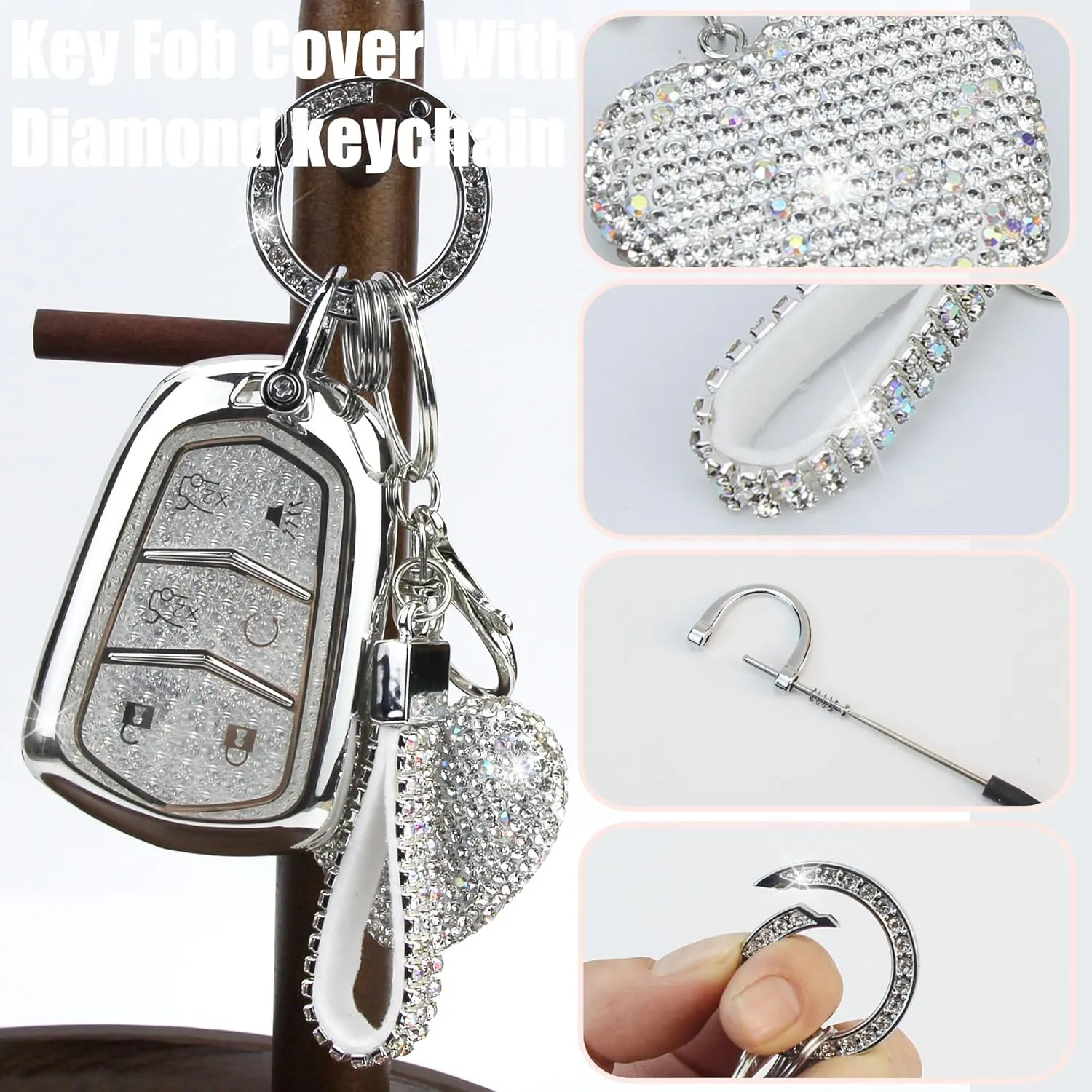 Key Fob Cover with Diamond Keychain Fit for Cadillac Car Key Holder Case Compatible with Cadillac Escalade ATS CTS STS SRX XT5 CT6 Smart Remote Key Protector, 6 Buttons (Silver-Heart)